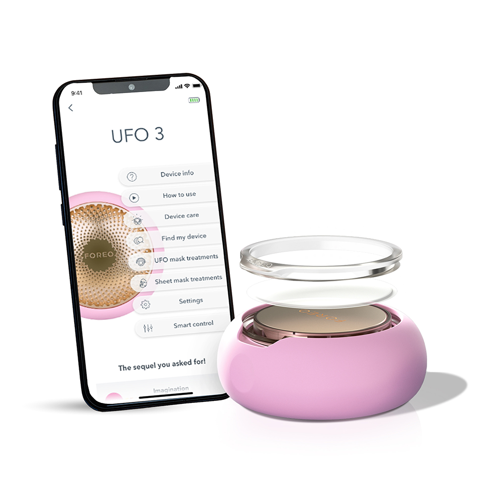 Pink UFO 3 device, phone showing app, and device accessories on white background.