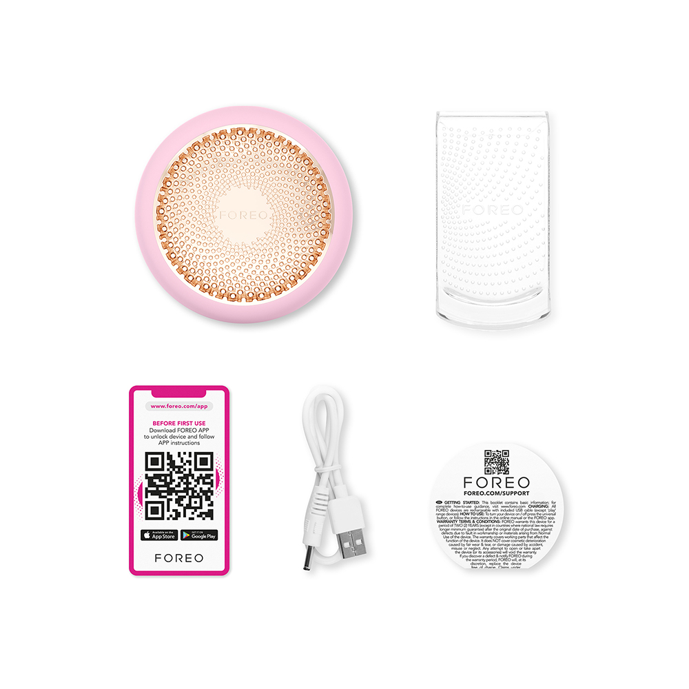 FOREO device, app QR code, USB cable, and support information, all on a white background.