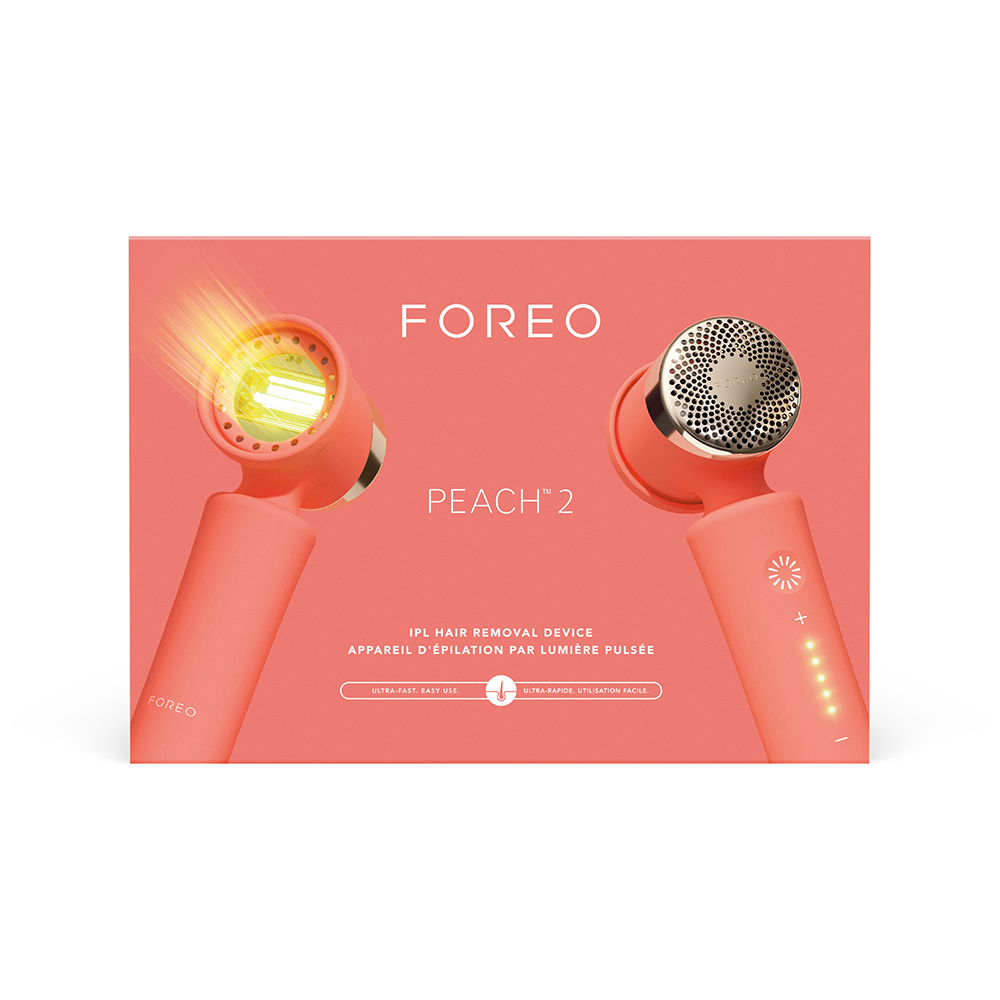 FOREO PEACH 2 device packaging, two devices with orange handles and gold faces.