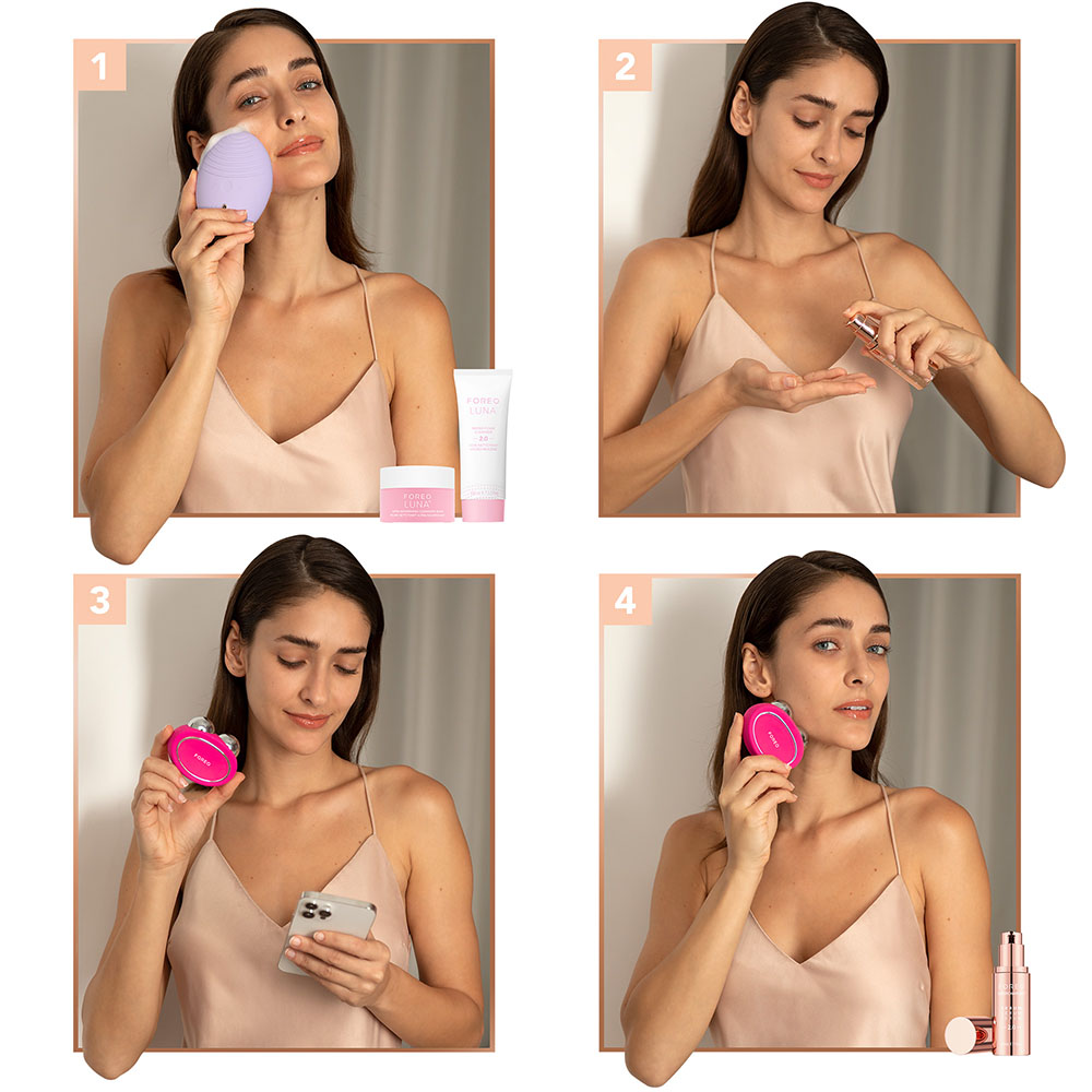 Four images show the steps to use FOREO products. A woman is in each image.
