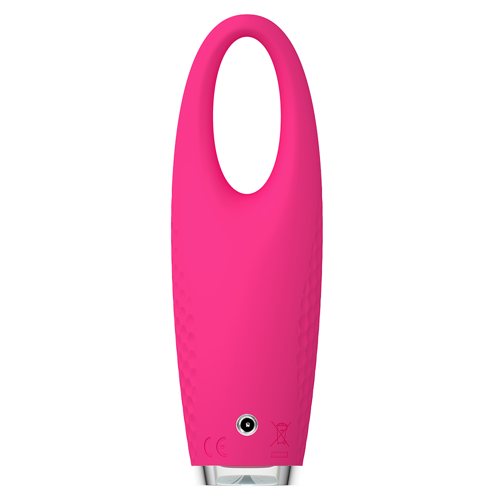 Vue arrière d'un appareil Foreo rose. Il possède un port de charge et le logo Foreo.