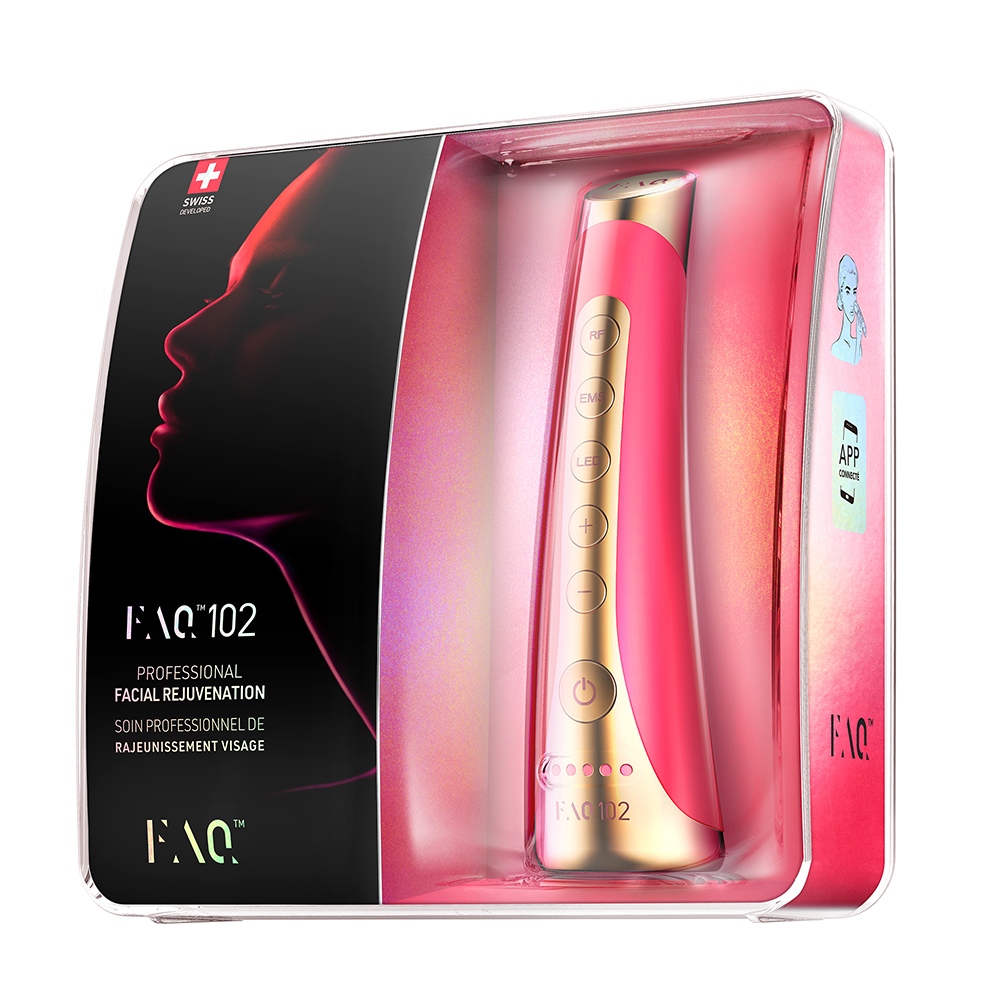 Roze apparaat in een doos. Silhouet van een vrouwengezicht. Tekst: FAQ 102 PROFESSIONAL FACIAL REJUVENATION.