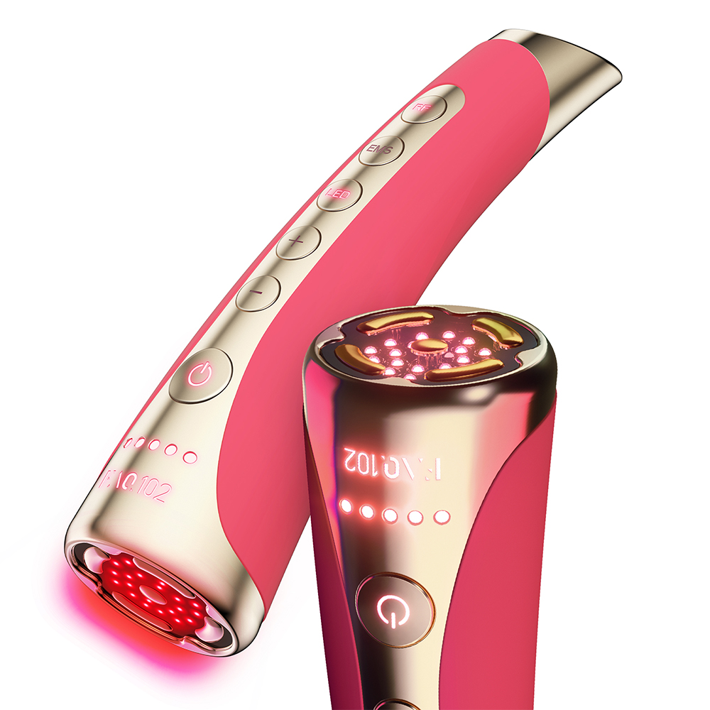 Twee roze en gouden schoonheidstoestellen. Eén schuin, de andere rechtop, met rood licht aan de onderkant.