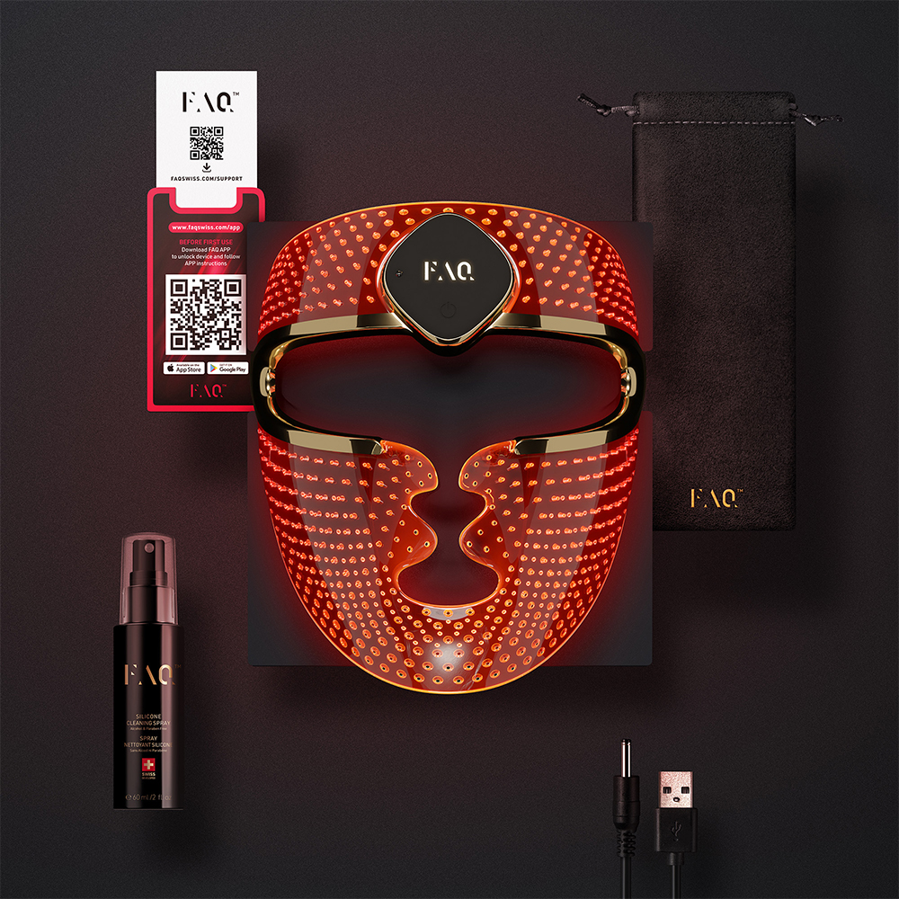 Red LED face mask with accessories: spray, bag, QR code, and charger.