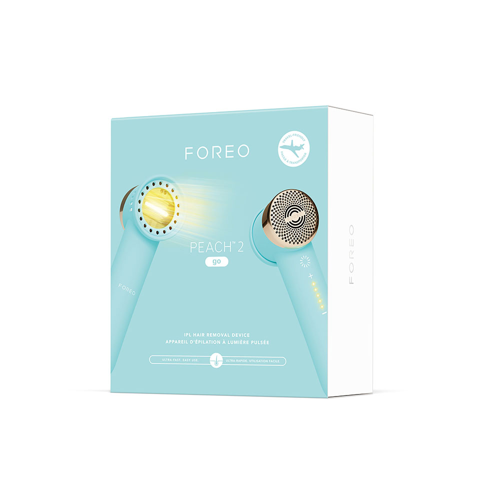 A product box for FOREO PEACH 2 go IPL hair removal device, with teal and gold accents.