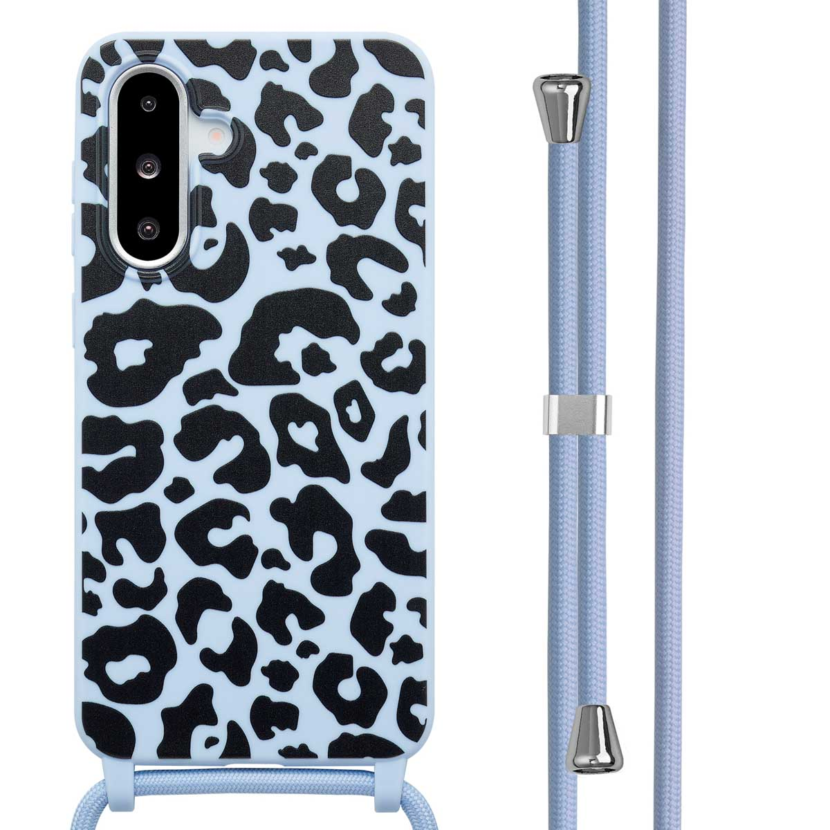 Een telefoonhoesje met een blauwe luipaardprint en een blauw koord. Het ligt op een wit oppervlak.