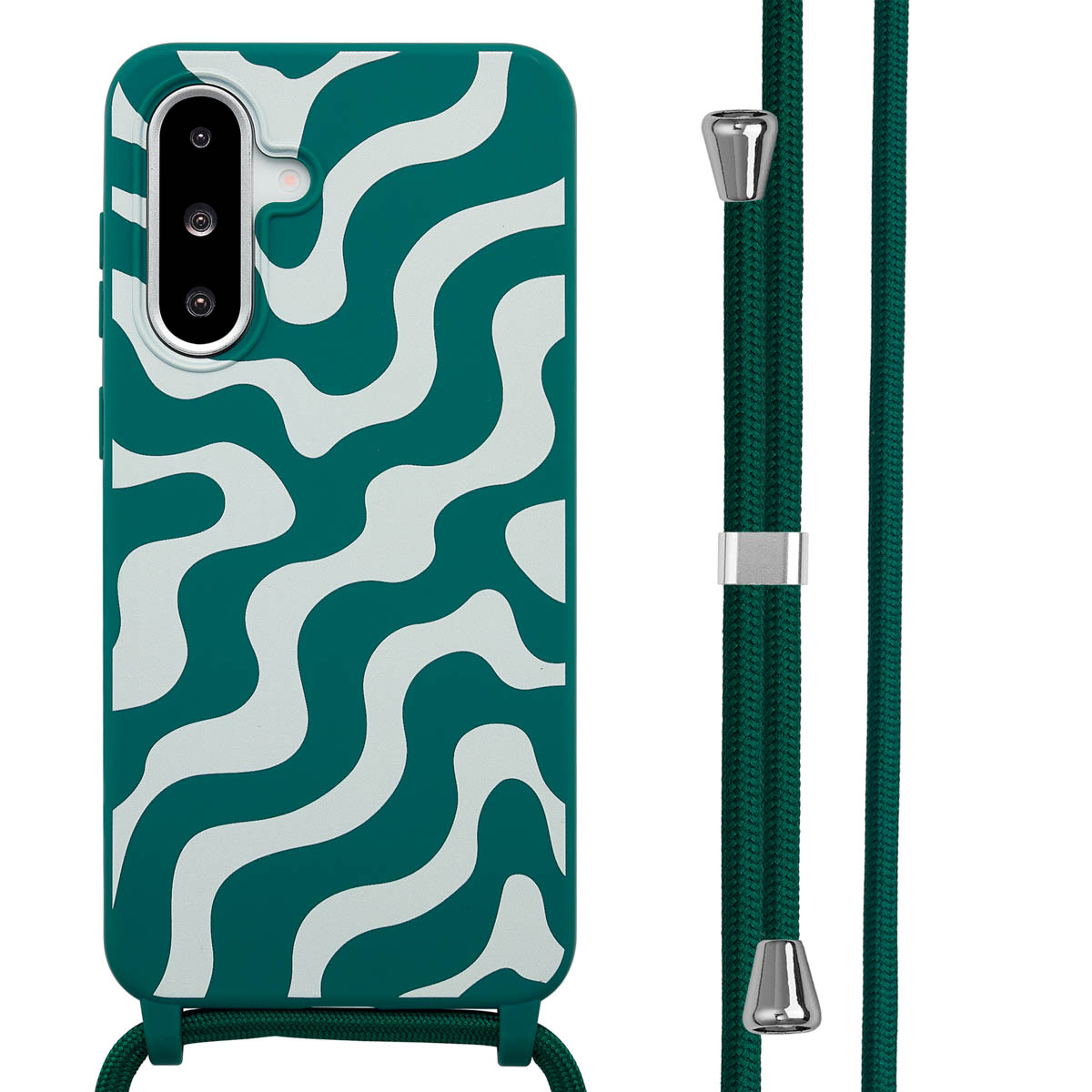 Groen en wit patroon telefoonhoesje met een groene lanyard.