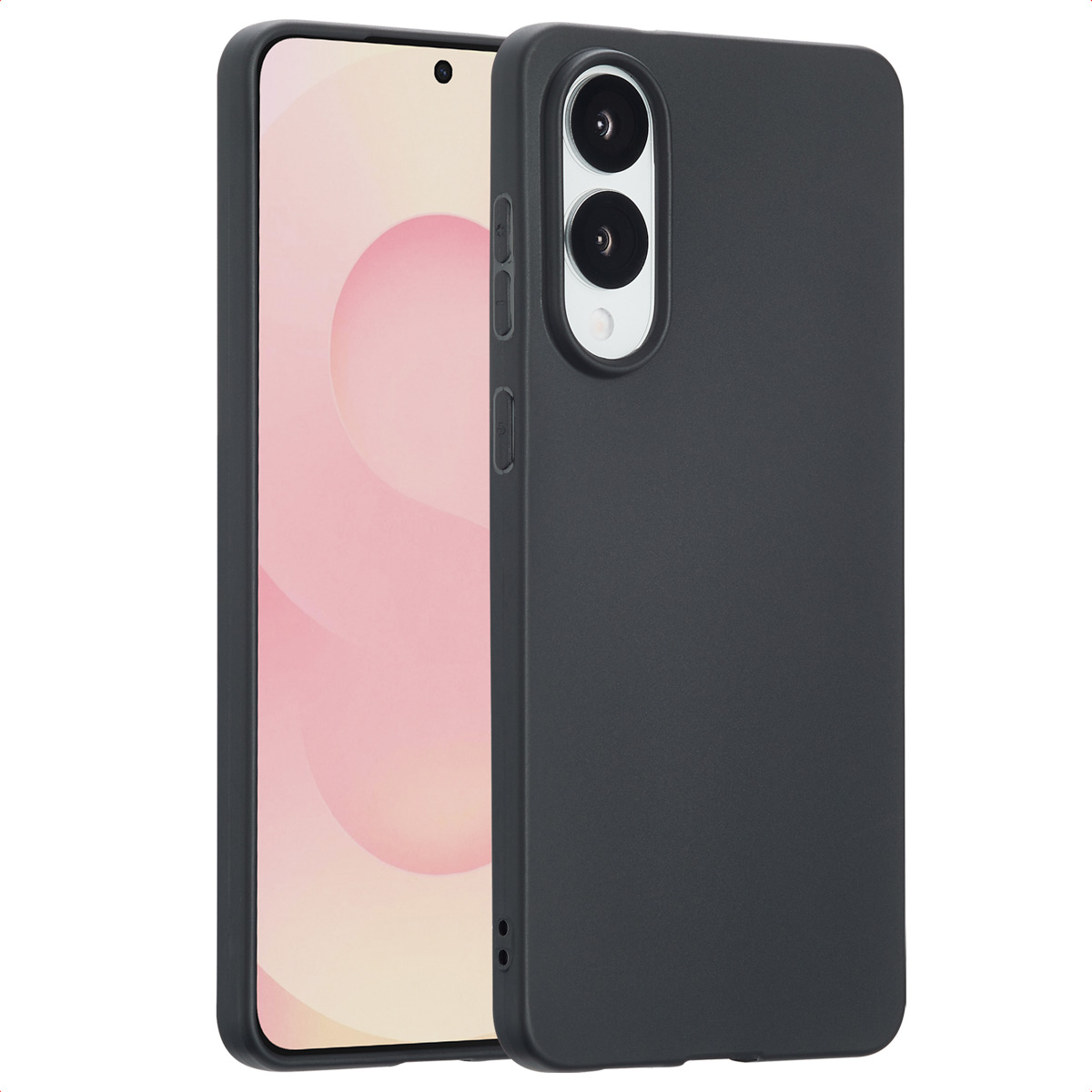 Una custodia nera per telefono su una superficie bianca. La custodia ha un rilievo per la fotocamera con due lenti.
