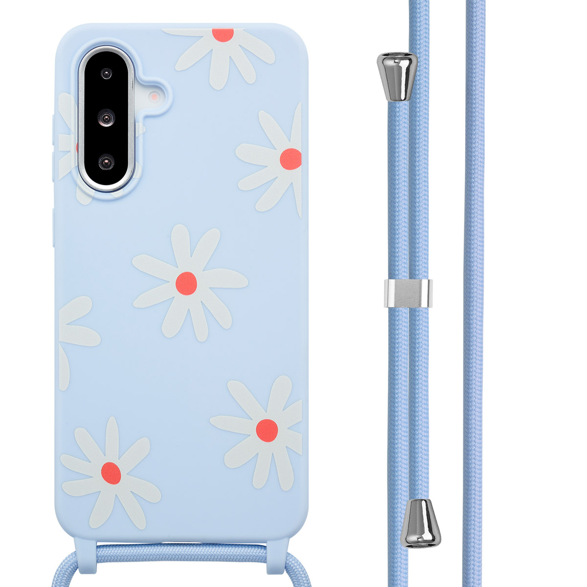Lichtblauw telefoonhoesje met madeliefpatronen en een lichtblauwe lanyard.