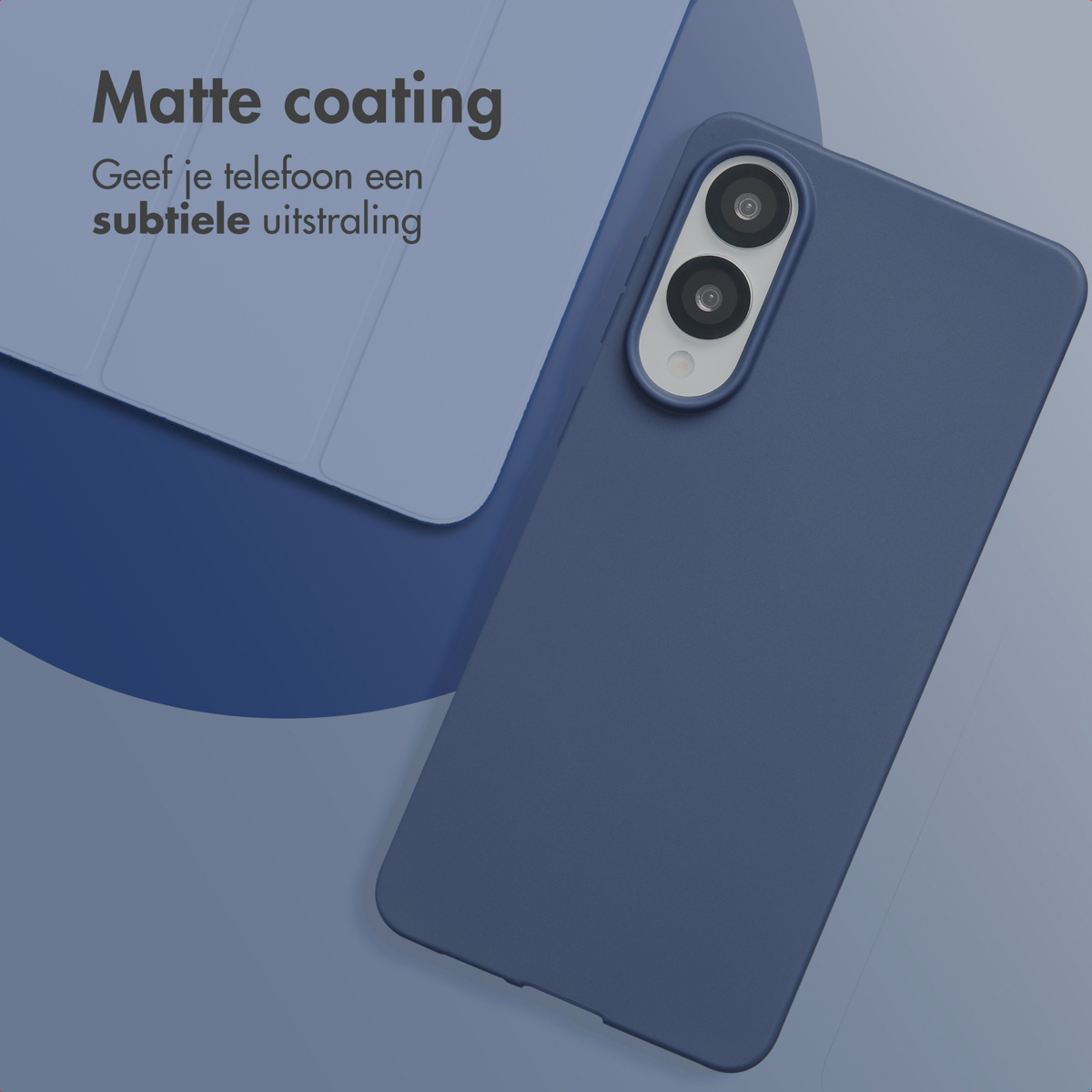Donkerblauw telefoonhoesje met een telefoon en een wit scherm.
