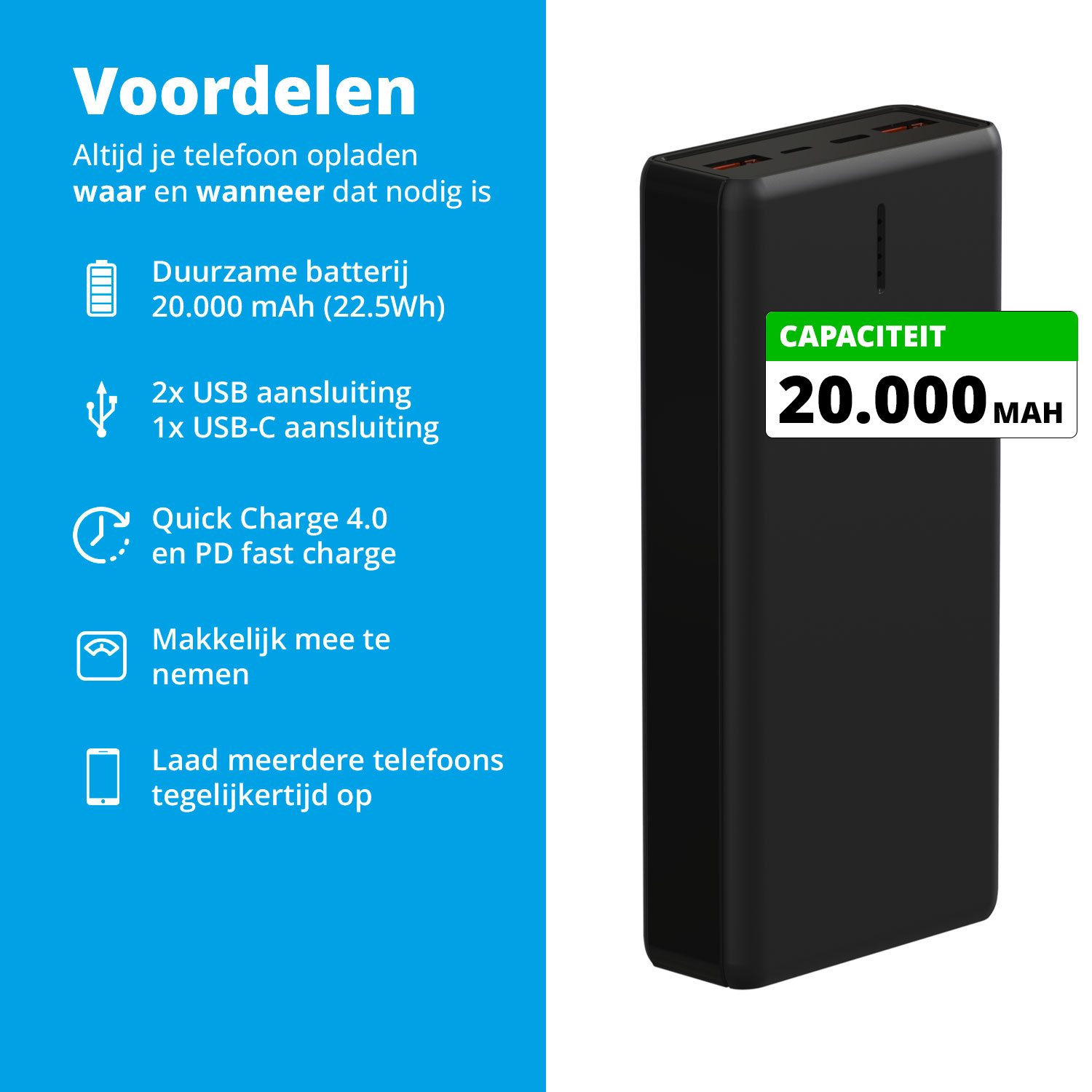 Zwarte powerbank met groen capaciteitslabel. Tekst aan de linkerkant.