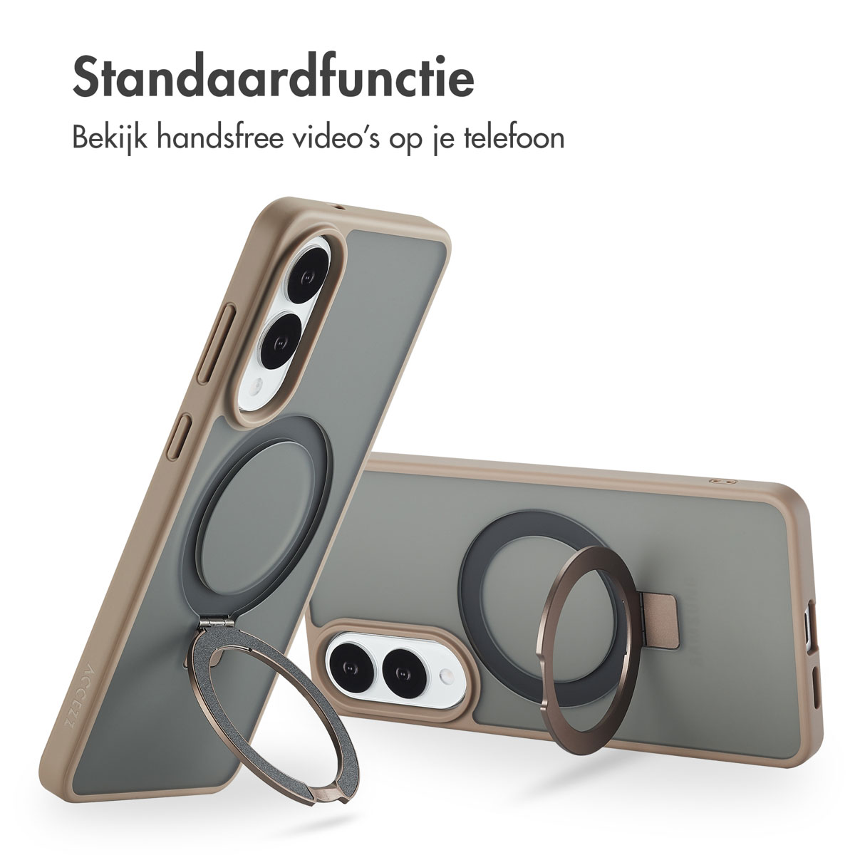 Telefoonhoesje met ring, telefoon zichtbaar. De ring wordt als standaard gebruikt.