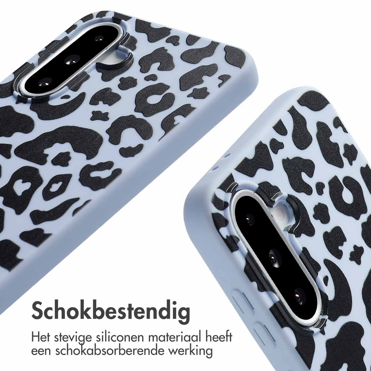 Telefoonhoesje met een luipaardpatroon. Twee hoesjes worden getoond.