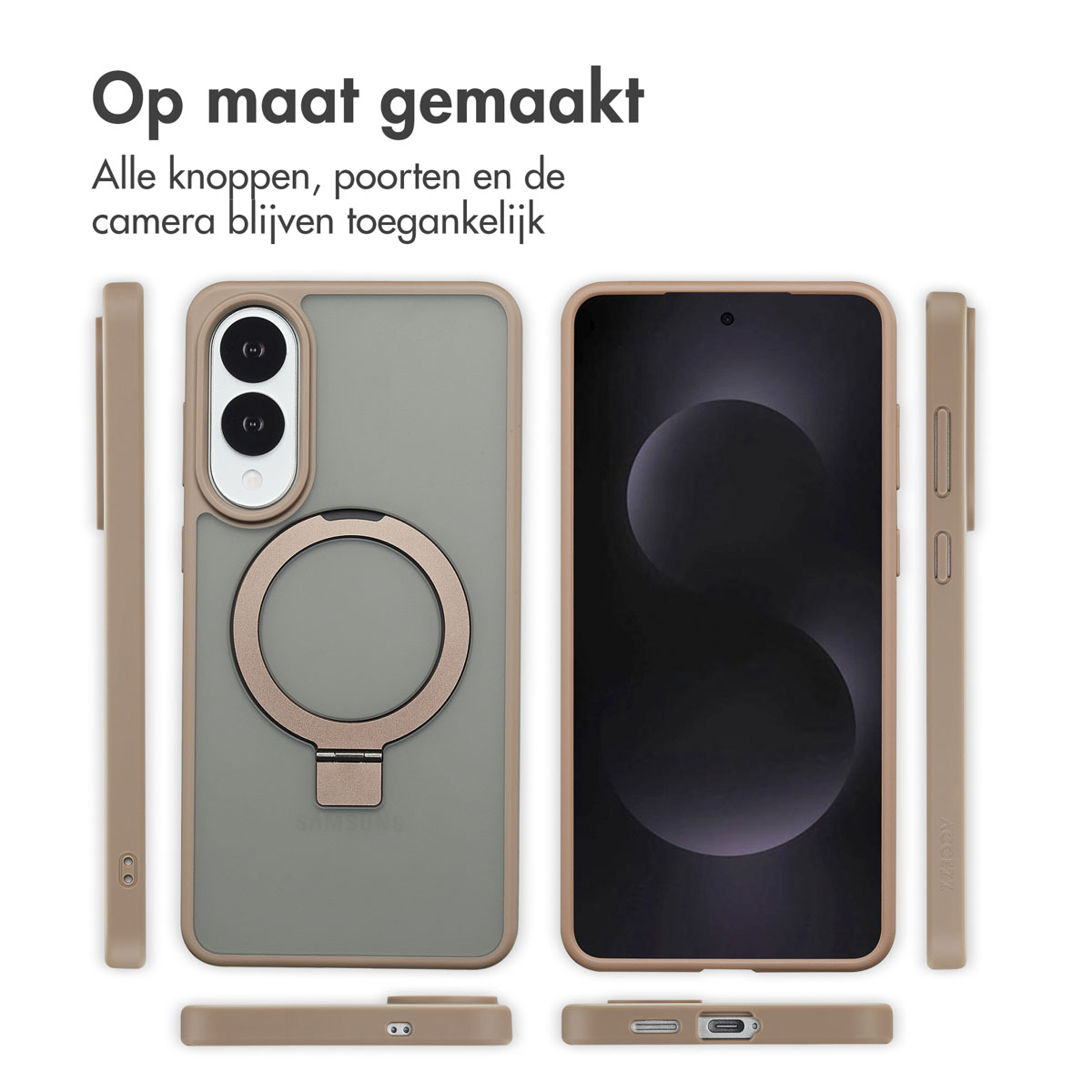 Telefoonhoesje met gouden ring en telefoon. De telefoon heeft een zwart scherm.