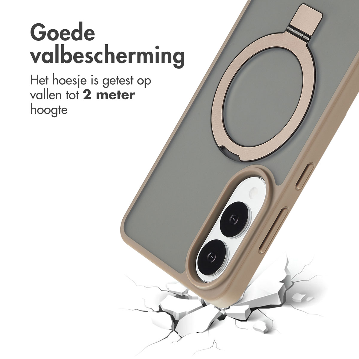 Telefoonhoesje met ringstandaard, schuine weergave. Scheuren eronder tonen weerstand.