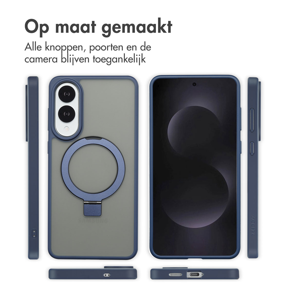 Téléphone dans coque bleue, divers angles. Coque a bague, boutons accessibles.