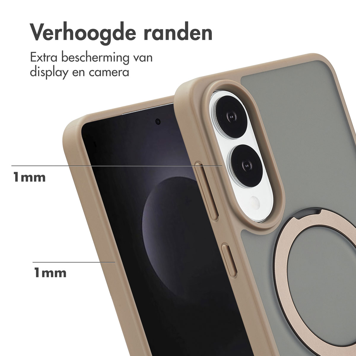 Telefoonhoesje met een 1 mm verhoogde rand. Telefoonhoesje is beige en grijs. Tekst: Verhoogde randen.