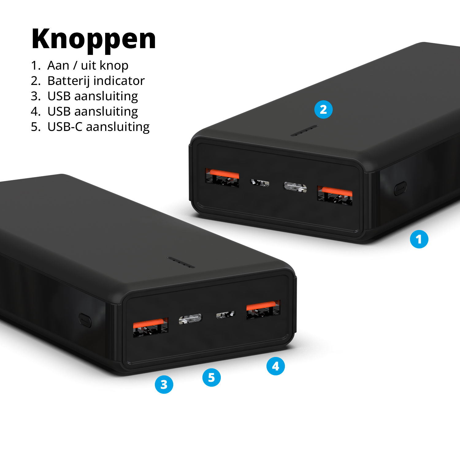 Twee zwarte powerbanks met poorten. Tekst: Knoppen. Nummers geven de functies van de poorten aan.
