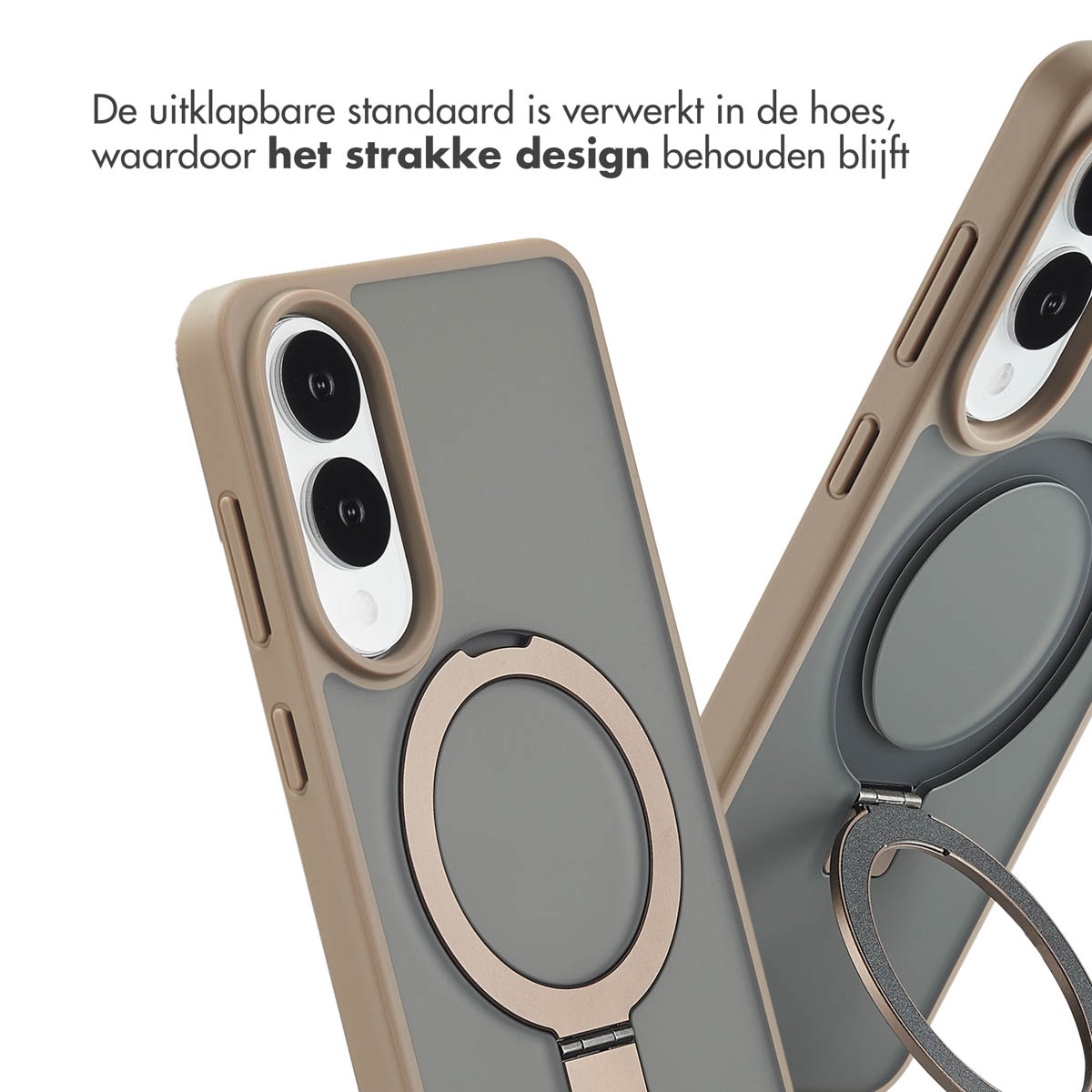 Telefoonhoesje met ringstandaard, schuine weergave. Standaard is in design.