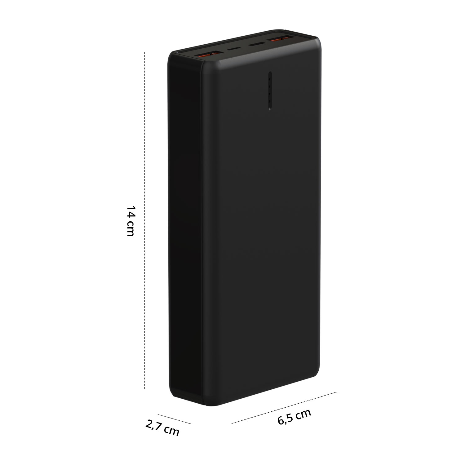Zwarte powerbank, afmetingen: 14cm hoog, 6.5cm breed, 2.7cm dik.