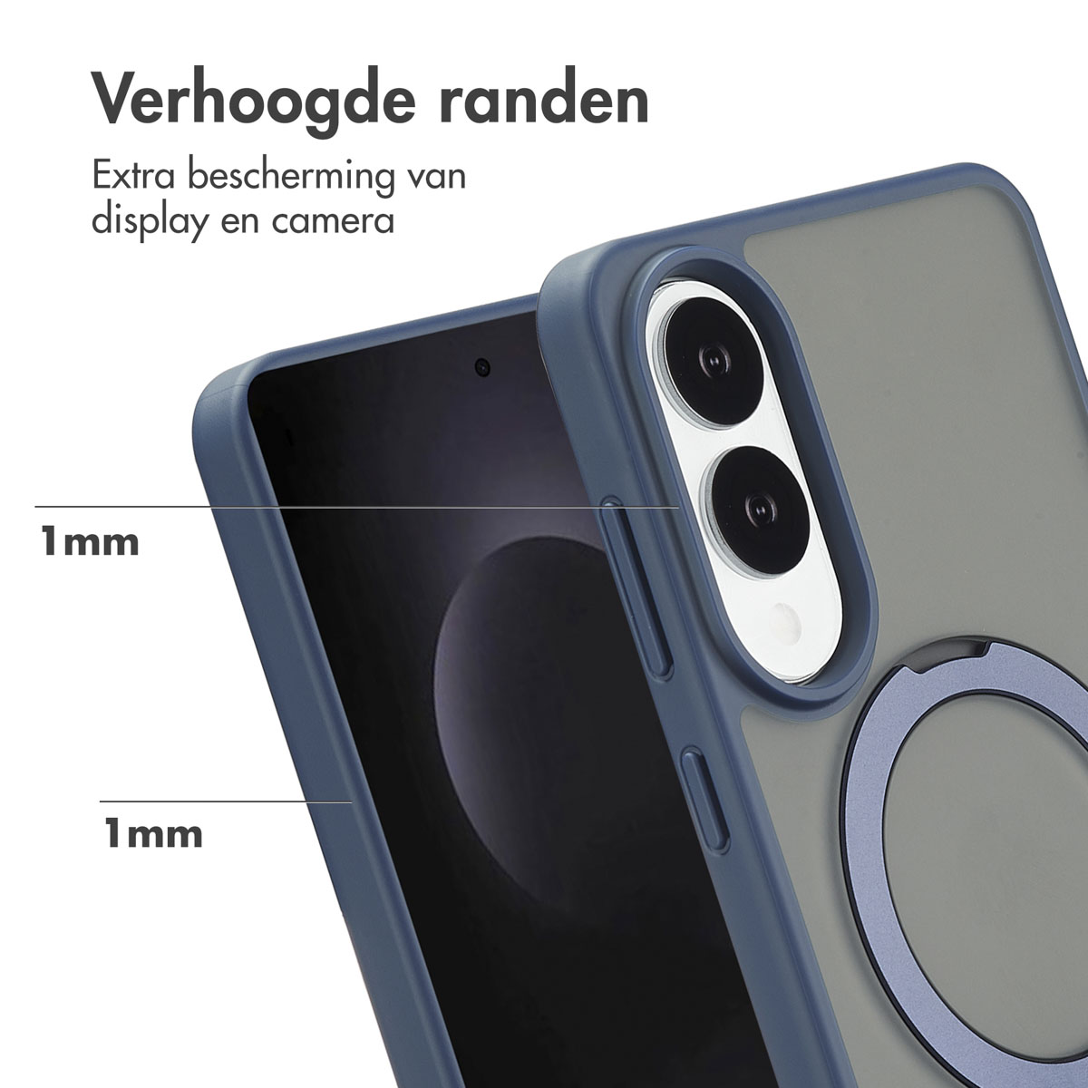 Gros plan sur une coque avec des bords surélevés, protégeant l'écran et la caméra, avec des mesures.