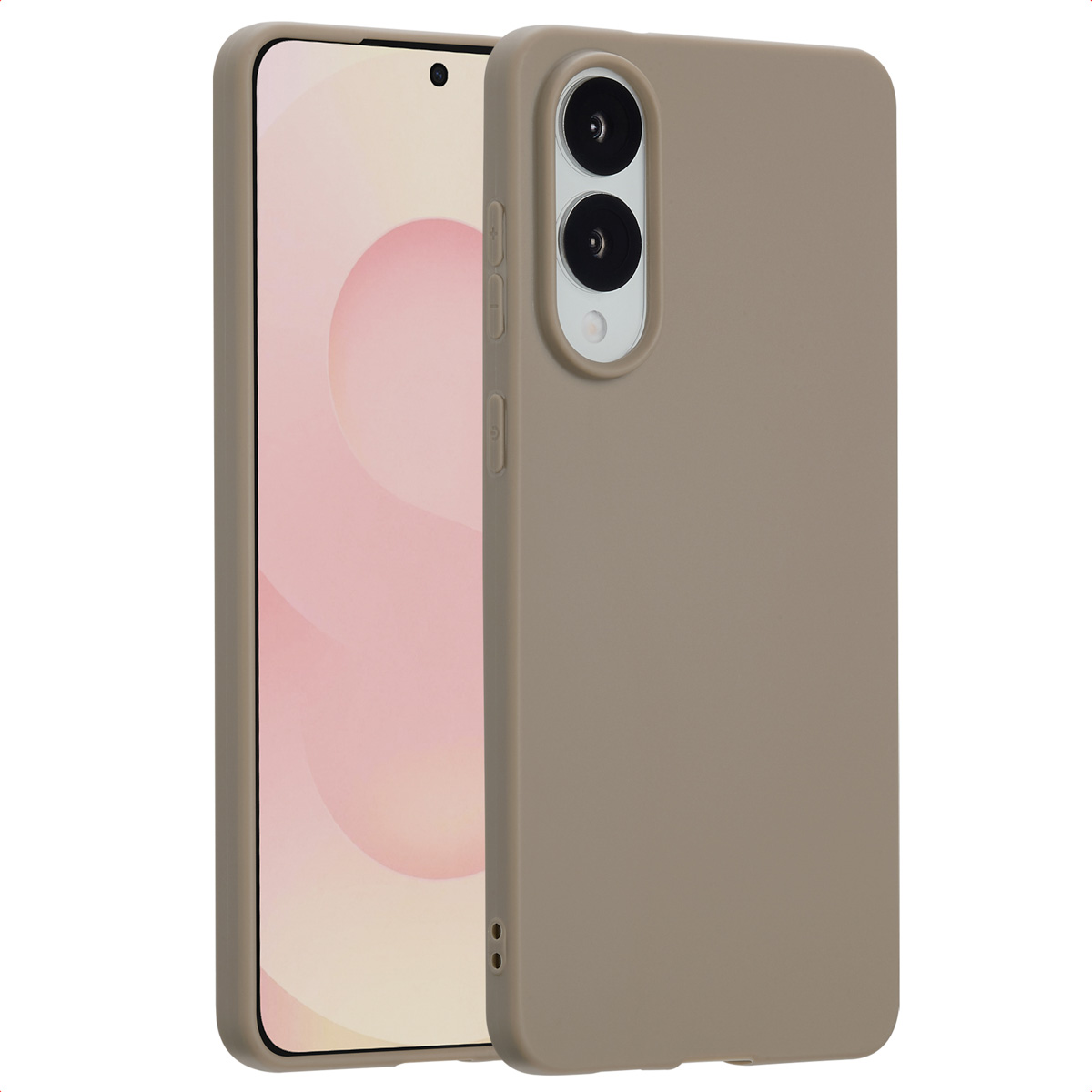 Een beige telefoonhoesje met een telefoon erin. De hoes heeft camera-uitsparingen en knoppen.