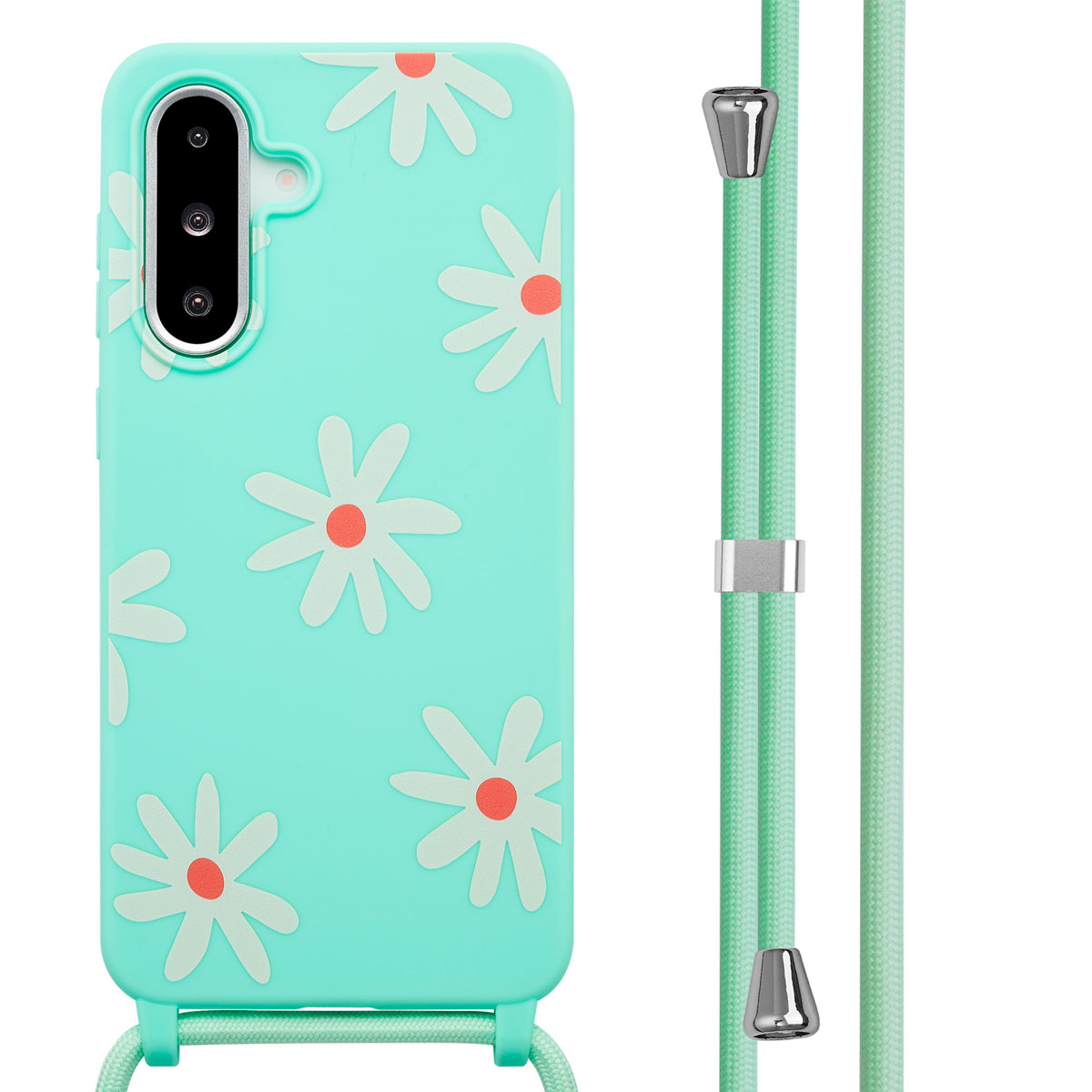 Coque de téléphone turquoise avec motif de marguerites blanches. Cordon vert clair, ajusteurs argentés.