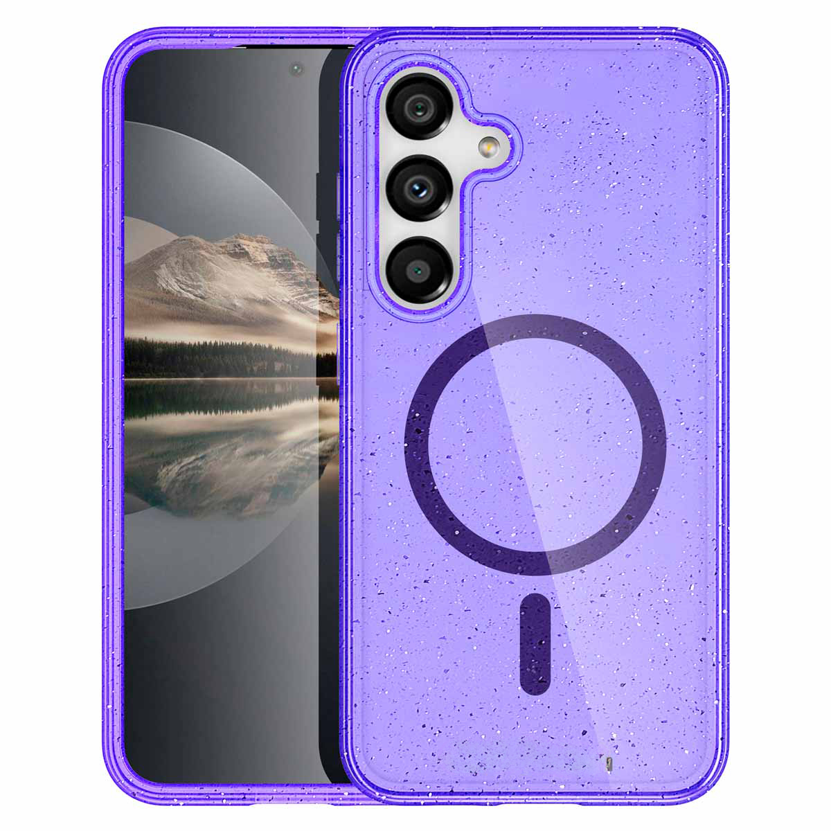 Coque de téléphone violette avec cercle noir. Téléphone motif moucheté violet et triple caméra.