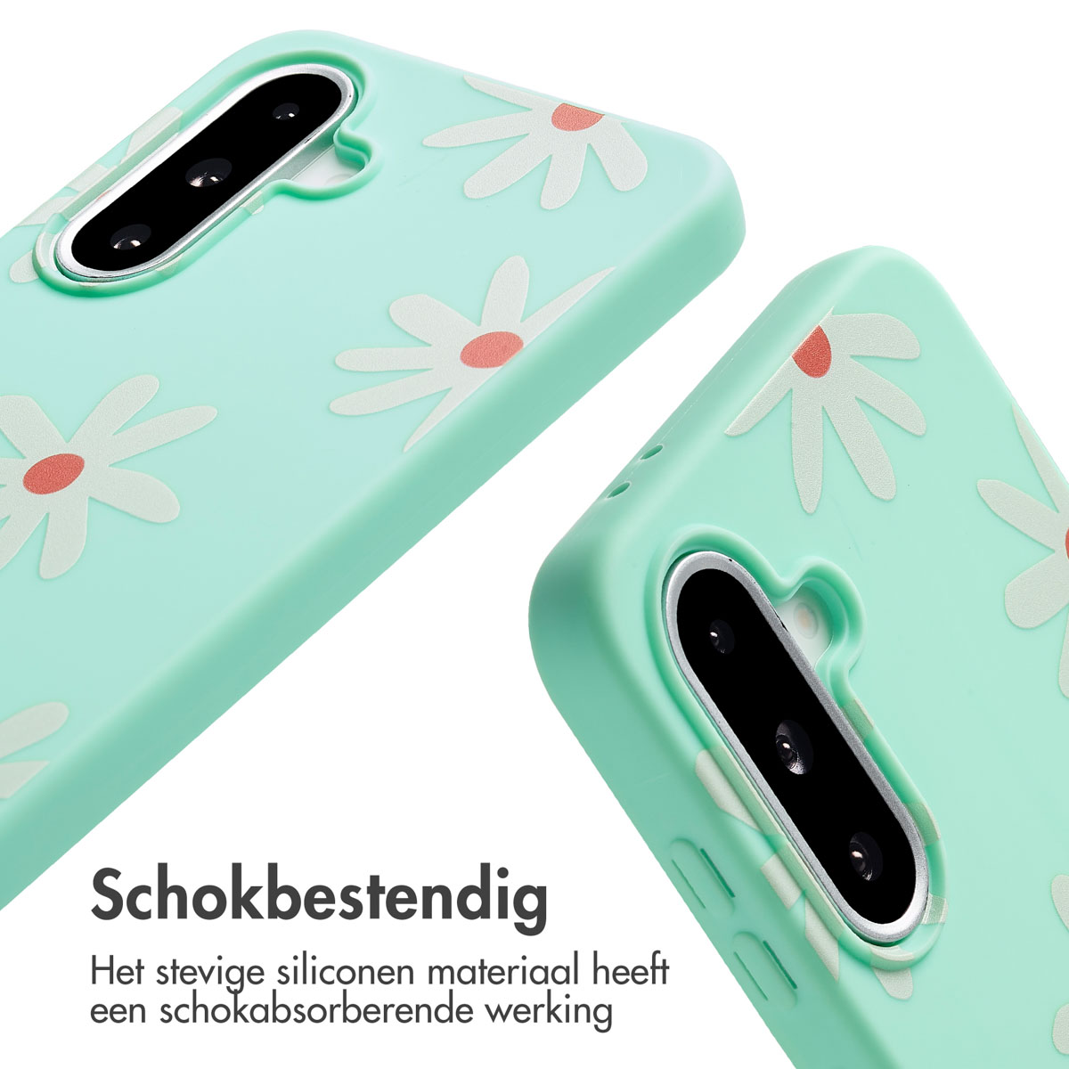 Gros plan sur une coque vert menthe avec un motif de marguerite. La coque a des découpes pour l'appareil photo et les boutons.