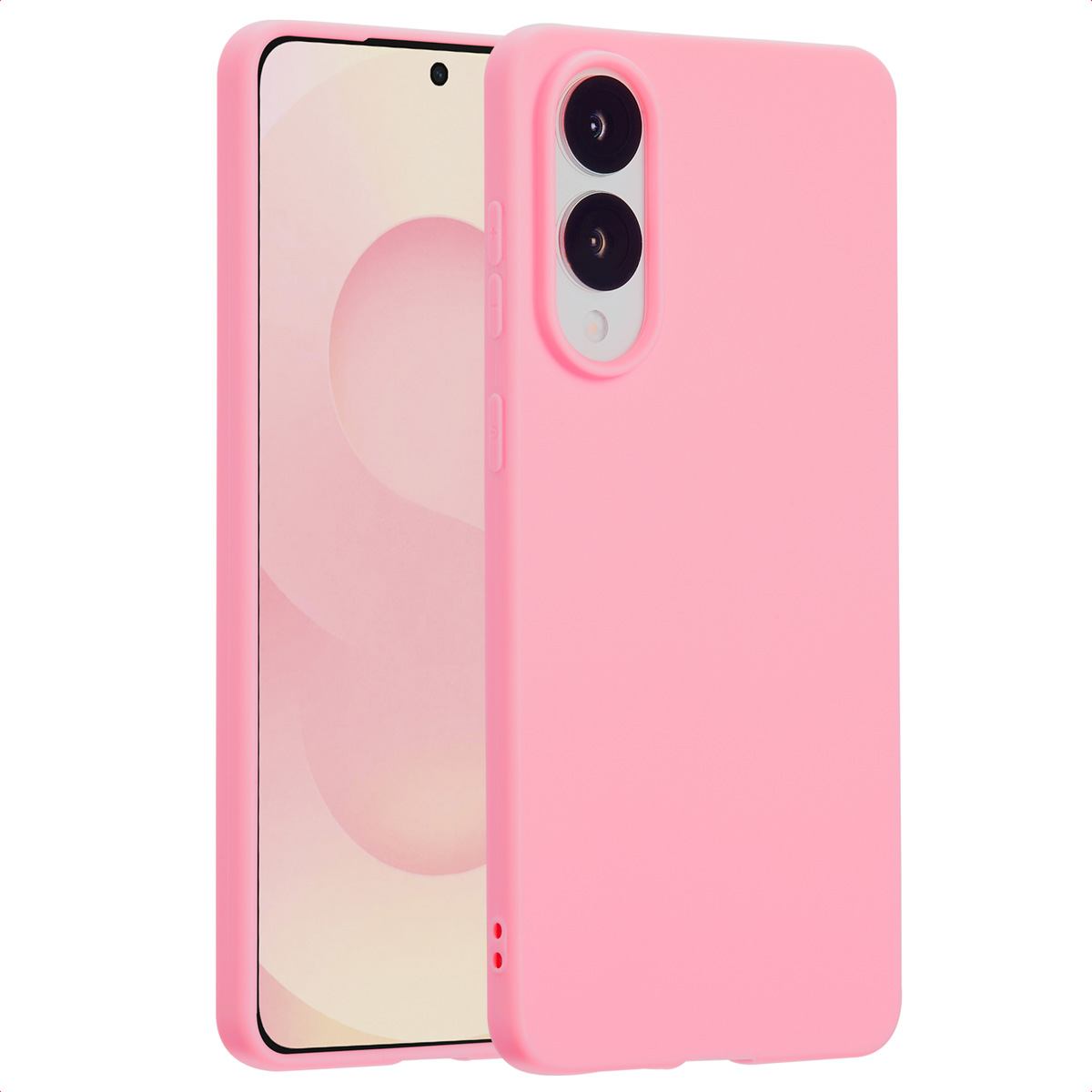 Een roze telefoonhoesje met een telefoon erin. De hoes heeft camera-uitsparingen en knoppen.