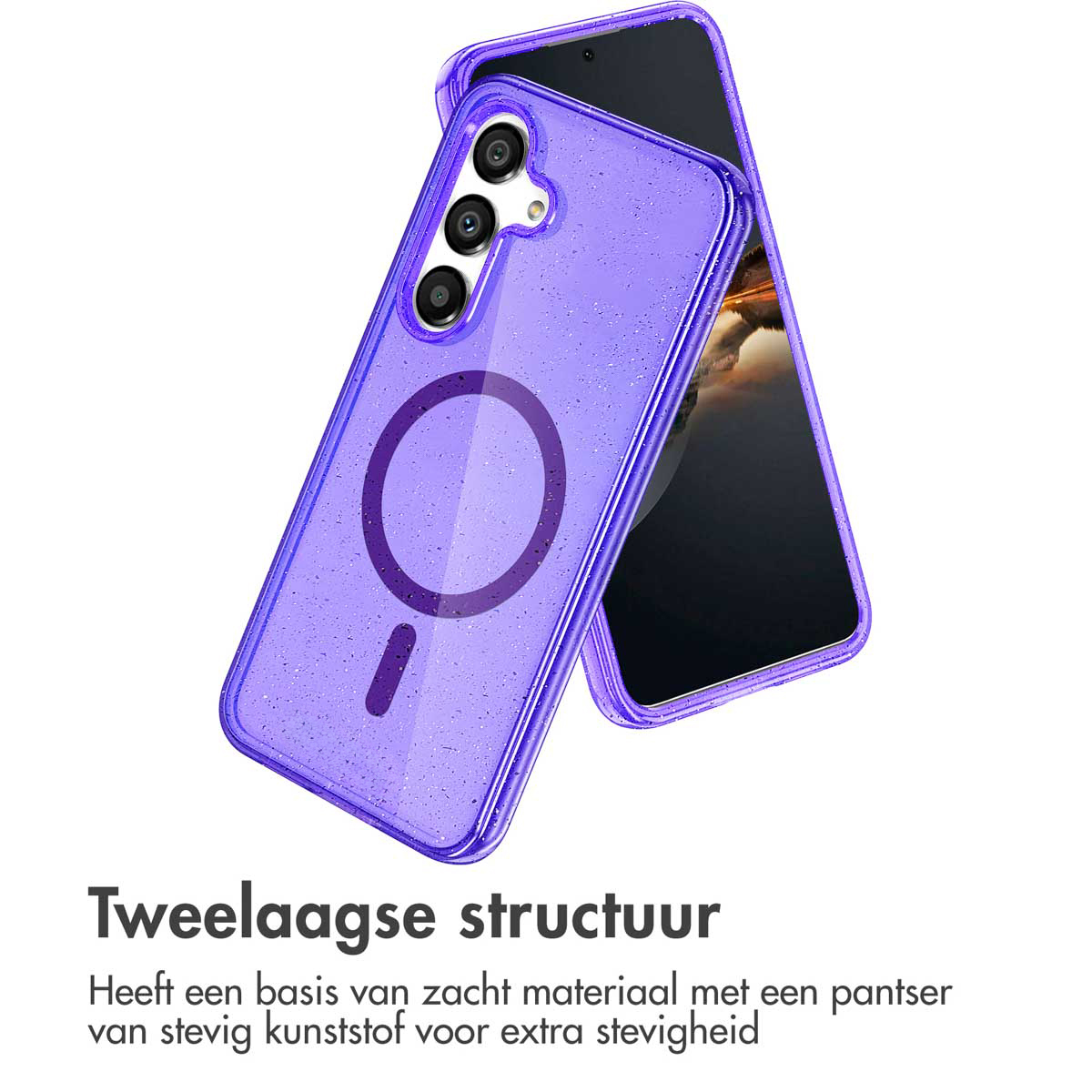 Coque de téléphone violette avec paillettes, un téléphone noir à l'intérieur. Texte : 'Structure à deux couches'.