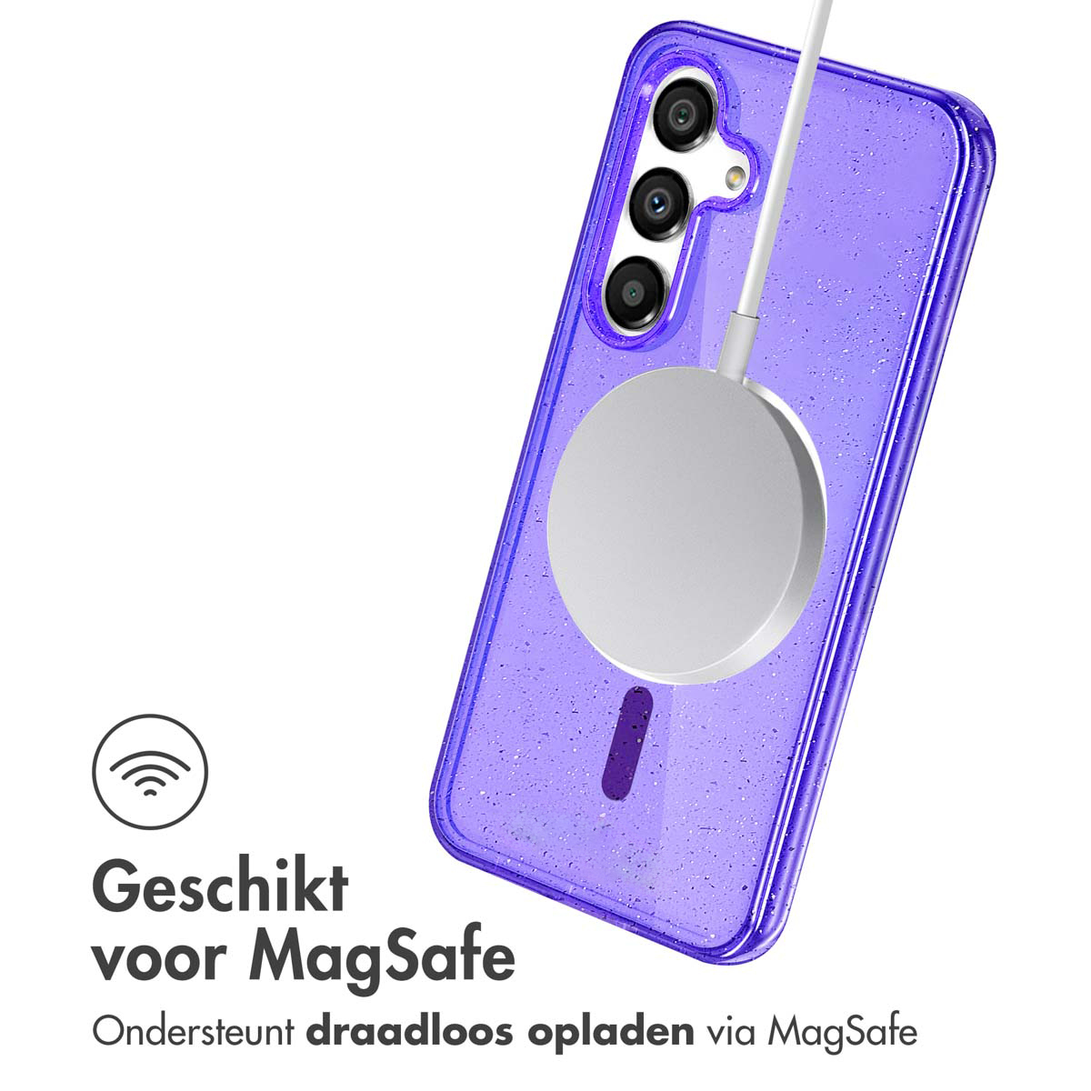 Coque de téléphone violette avec un chargeur MagSafe attaché. Texte : « Convient pour MagSafe ».