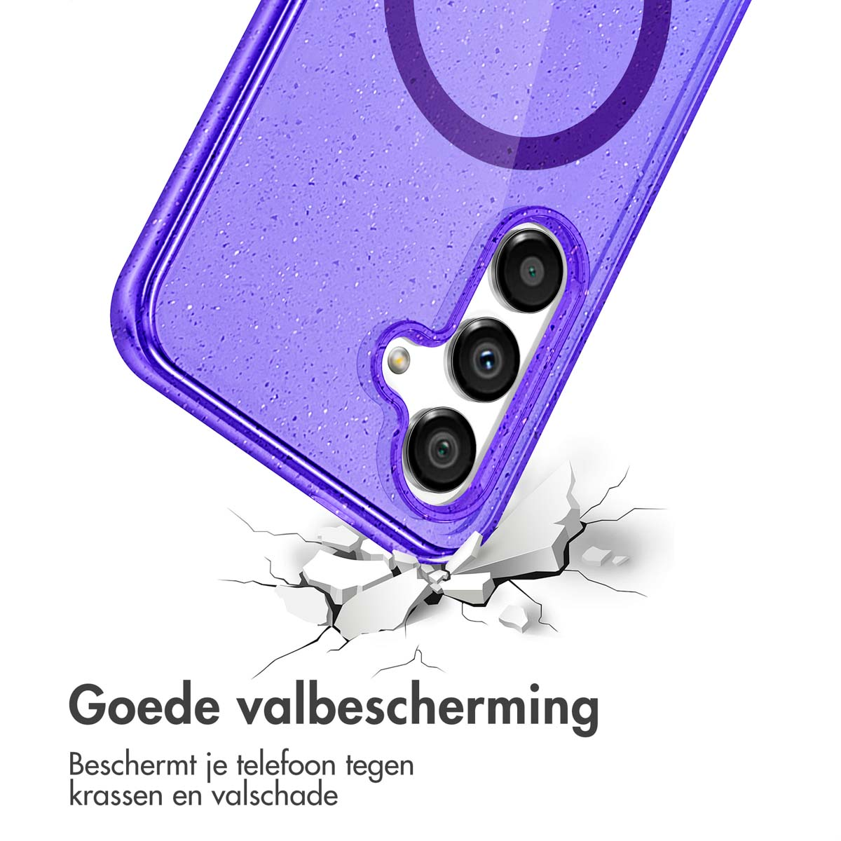 Coque de téléphone violette sur sol fissuré. Texte : 'Bonne protection contre les chutes'. C'est pour un téléphone.