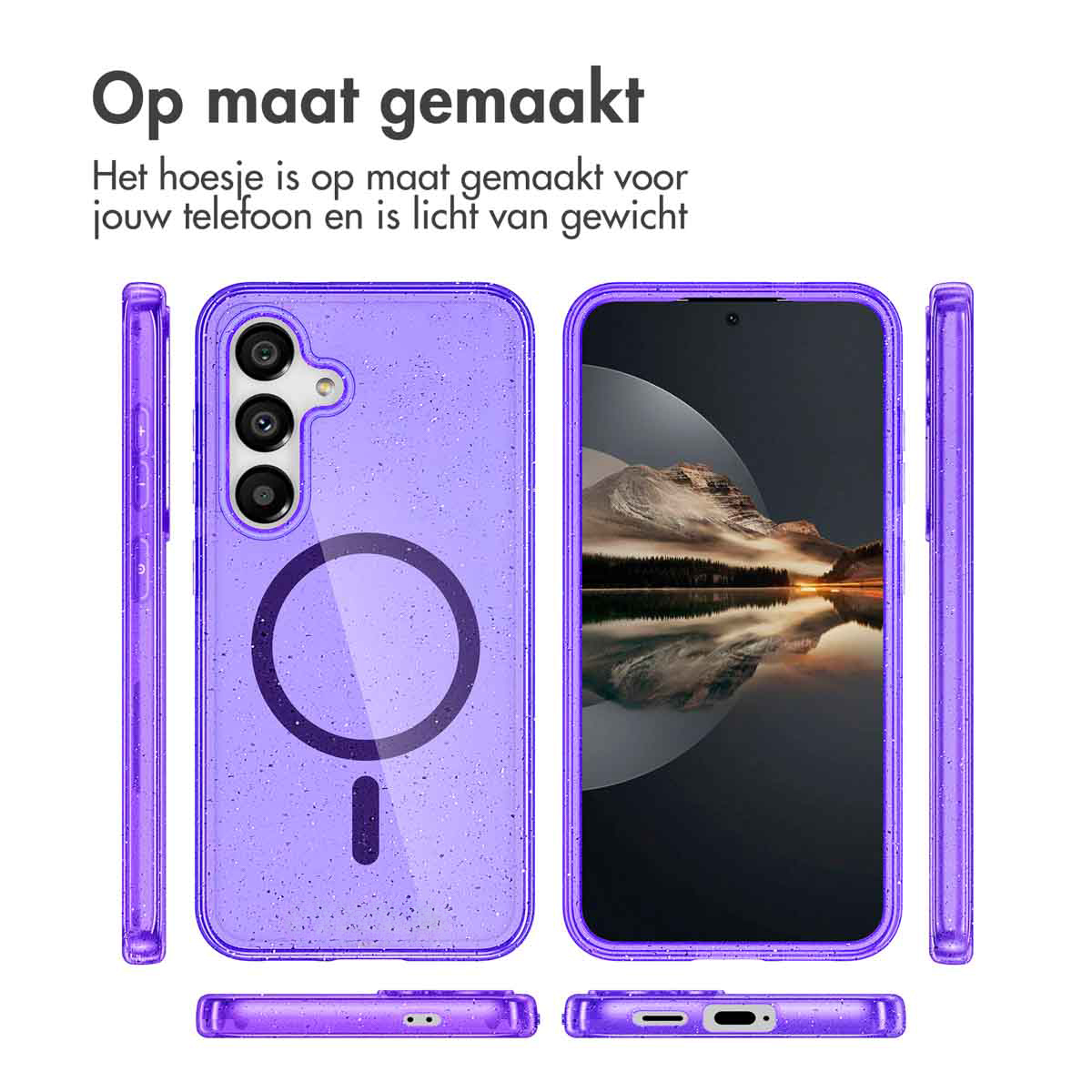 Coque de téléphone violette avec un téléphone noir à l'intérieur. Texte : 'Fabriqué sur mesure'. Différents angles de la coque.