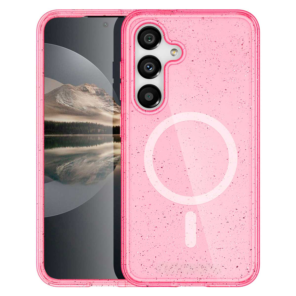 Coque de téléphone rose avec dos transparent à paillettes et un téléphone à l'intérieur. Le fond est rose.