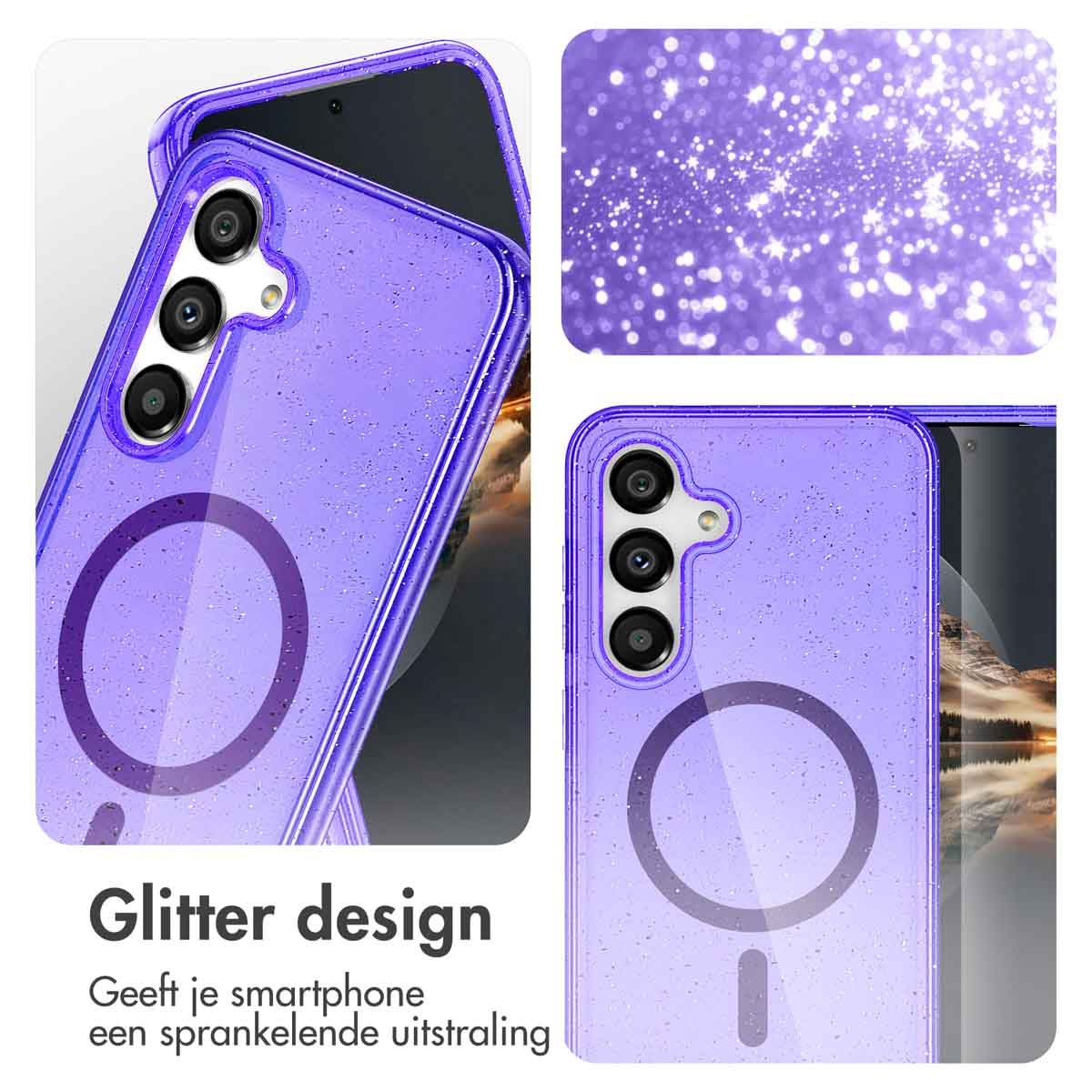 Coque de téléphone violette avec paillettes. Texte : 'Design pailleté'. Un téléphone est à l'intérieur de la coque.