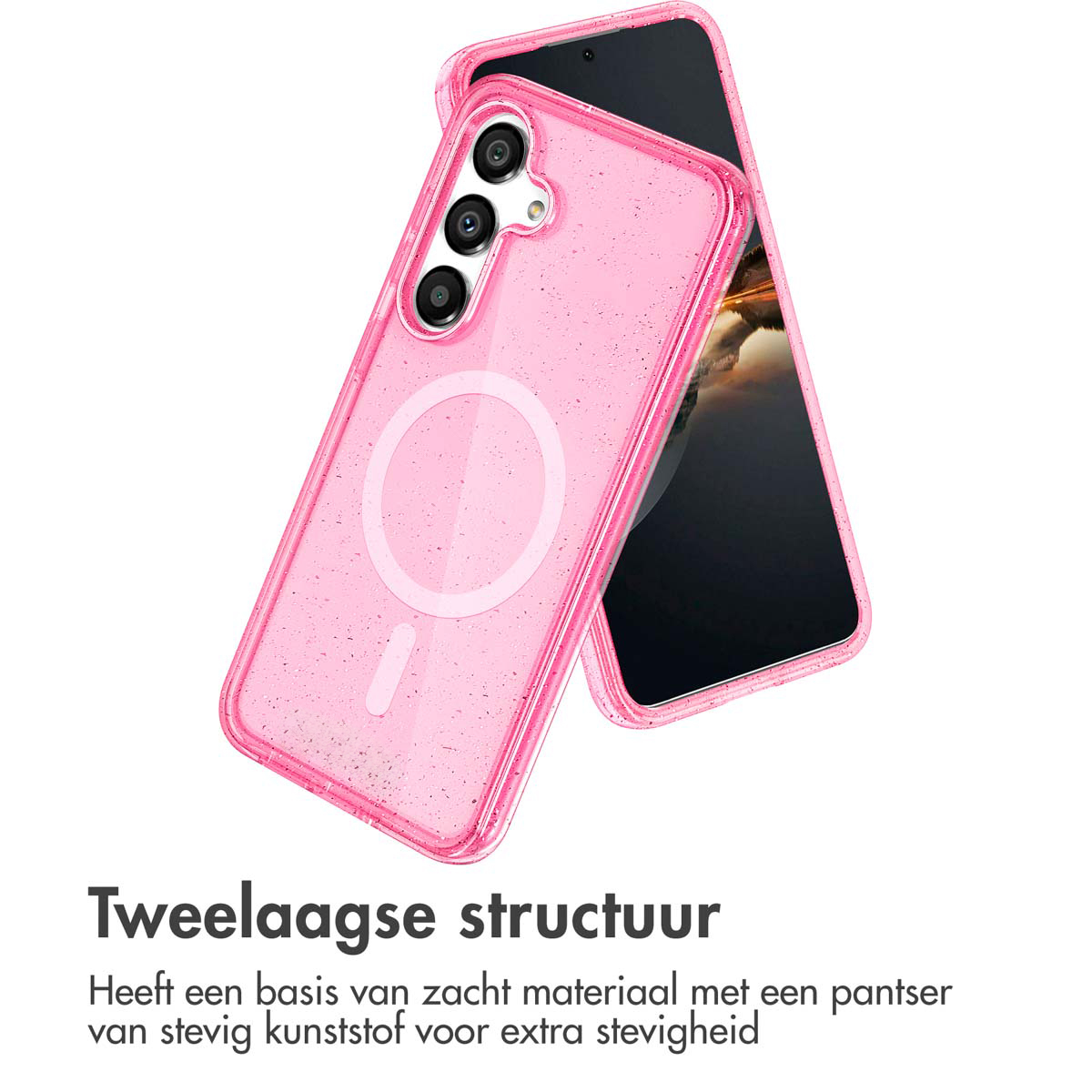 Coque rose avec structure à deux couches. Base en matériau souple et armure en plastique dur.