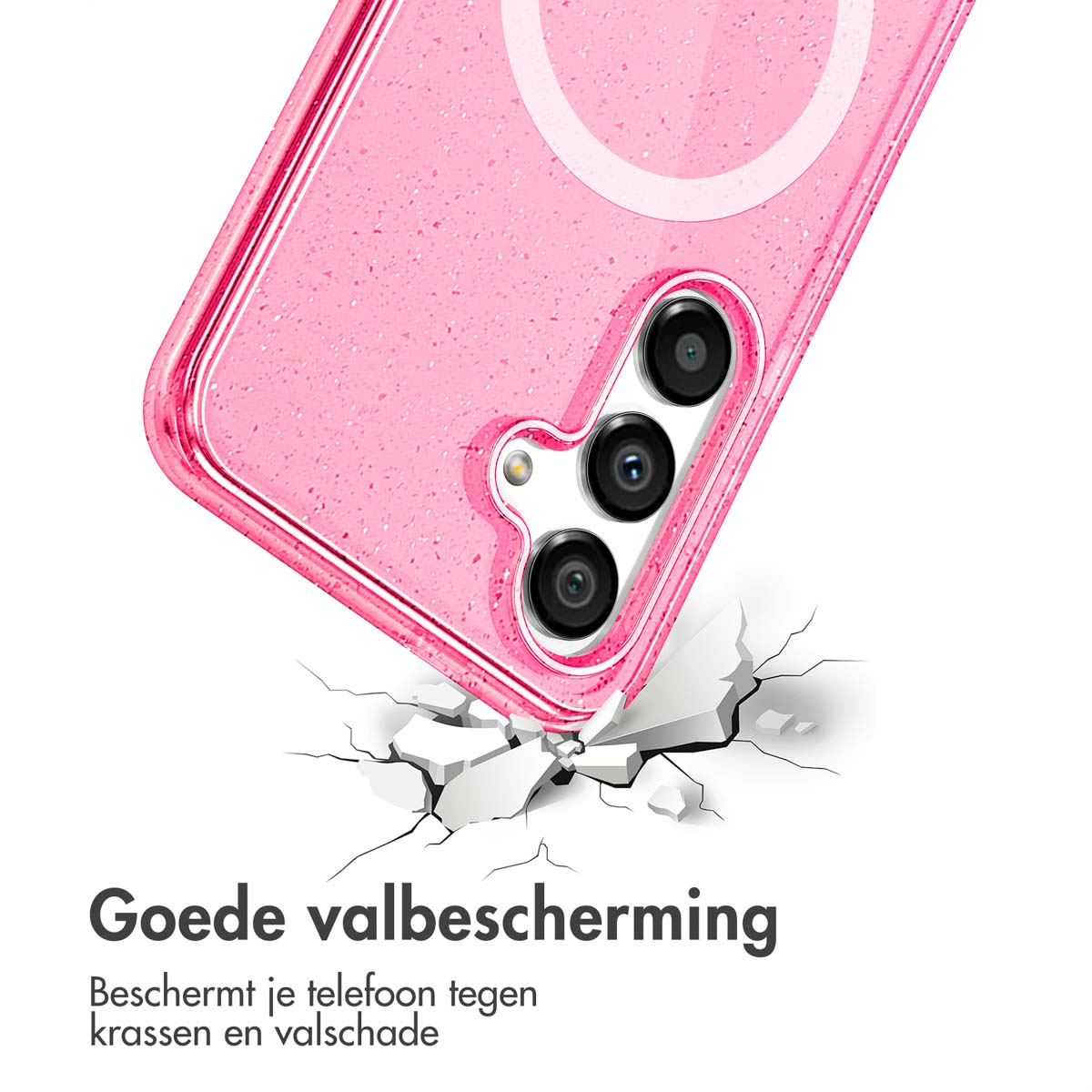 Coque de téléphone rose tombant et fissurant le sol. Texte : 'Bonne protection contre les chutes'. C'est pour un téléphone.