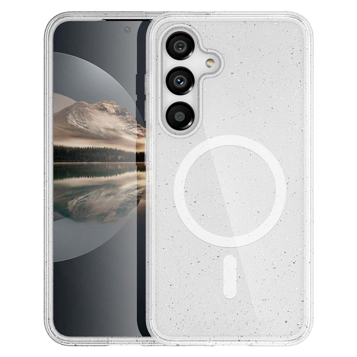 Coque de téléphone blanche avec un téléphone noir à l'intérieur. La coque a un effet pailleté. Texte : 'Design pailleté'.
