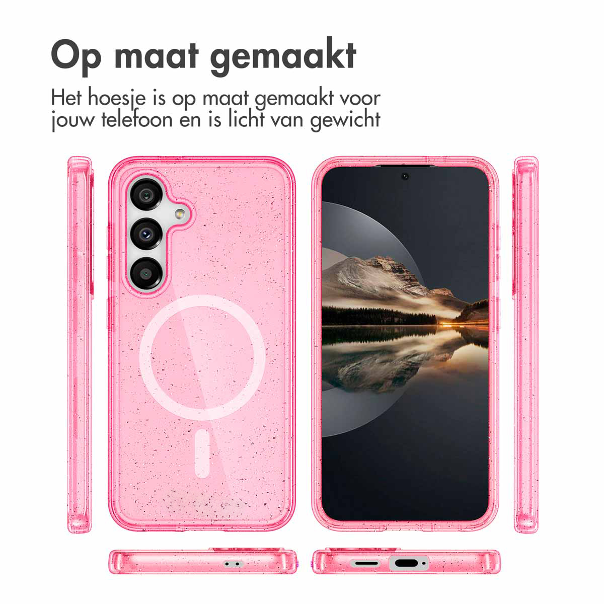 Coque de téléphone rose avec un téléphone à l'intérieur, différents angles montrés. La coque est transparente.