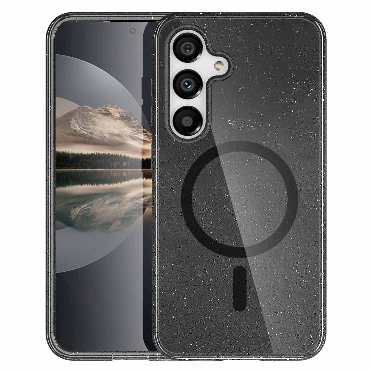 Coque de téléphone noire avec un téléphone noir à l'intérieur. La coque a un effet pailleté. Texte : 'Design pailleté'.