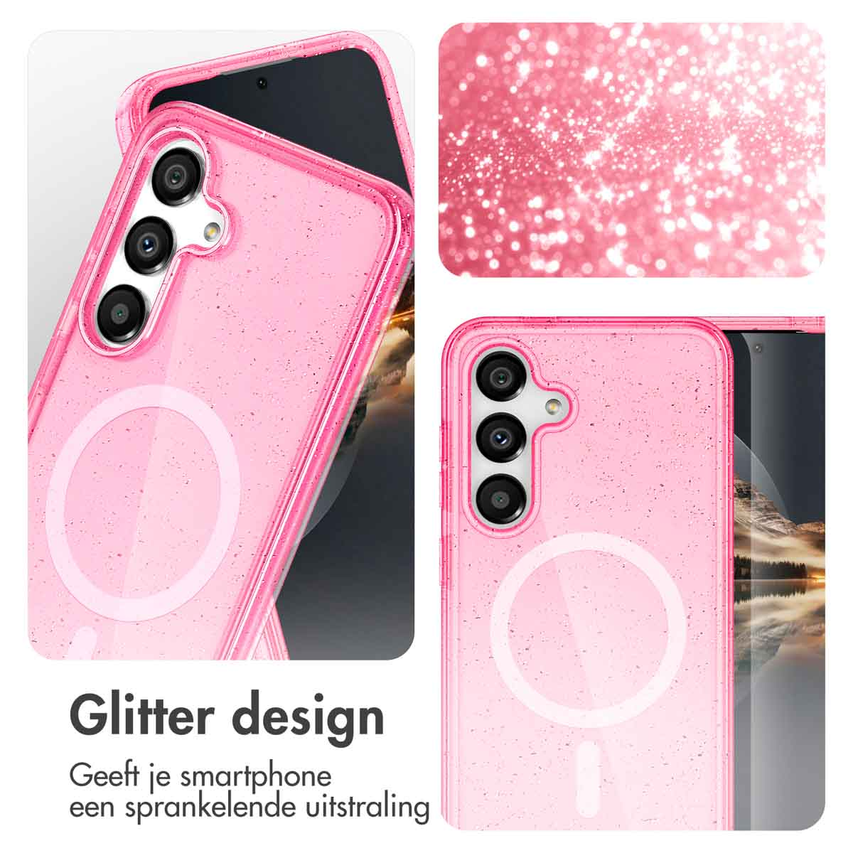 Coque de téléphone rose avec paillettes. Texte : 'Design pailleté'. Un téléphone est à l'intérieur de la coque.