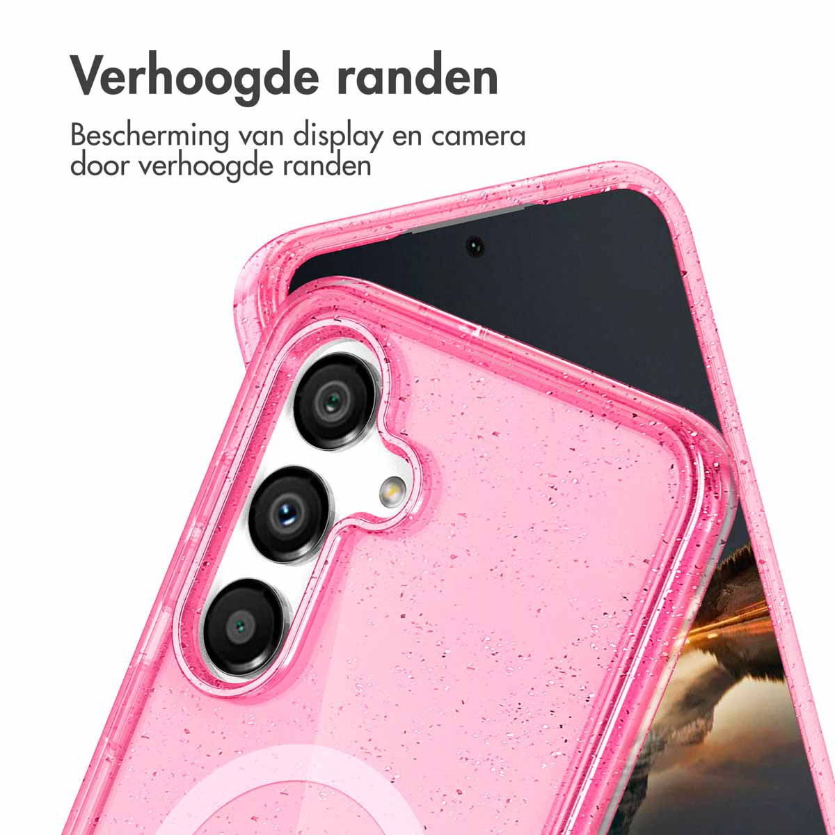 Coque rose avec bords surélevés. Protège l'écran et la caméra.