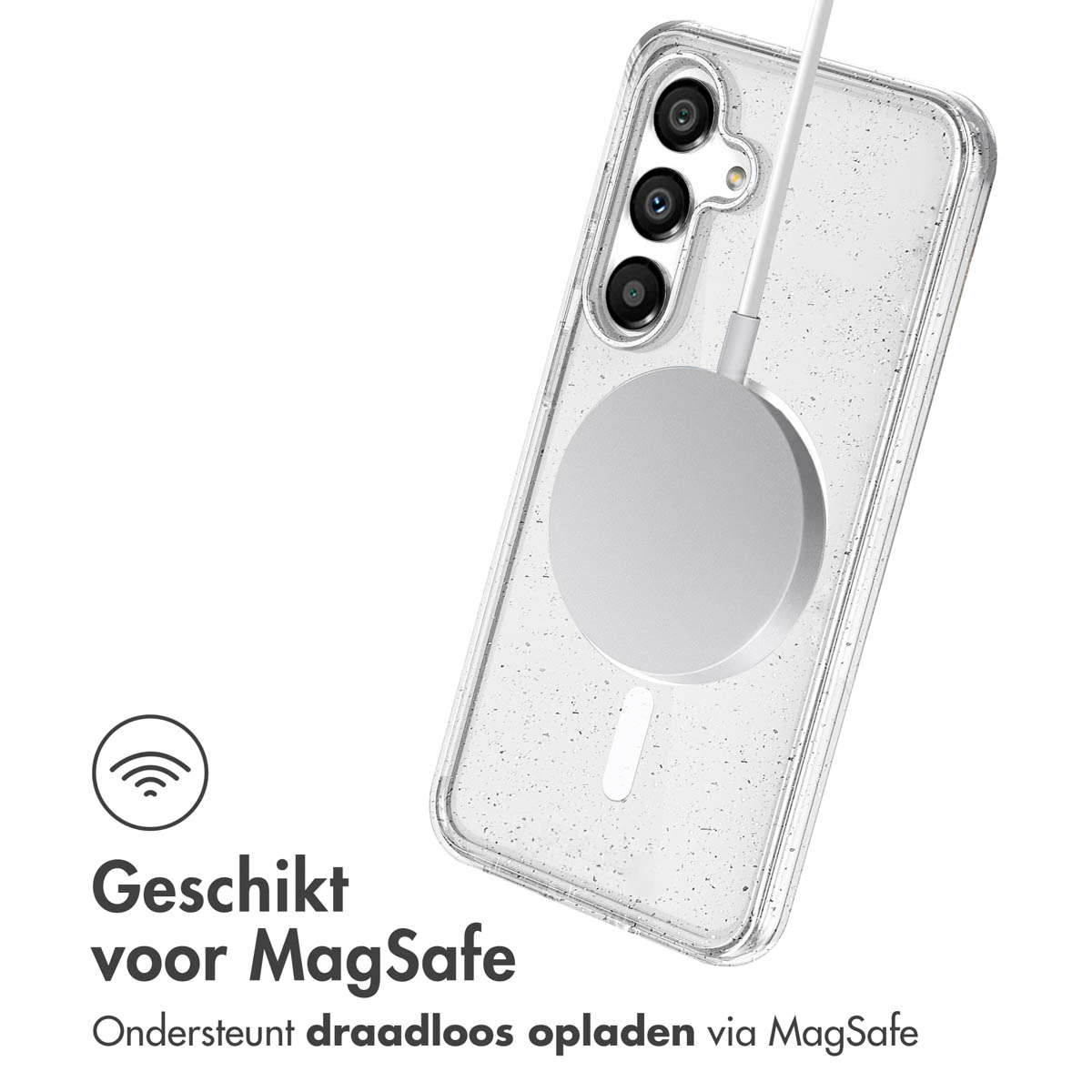 Coque de téléphone avec chargeur MagSafe. La coque est transparente avec des paillettes.