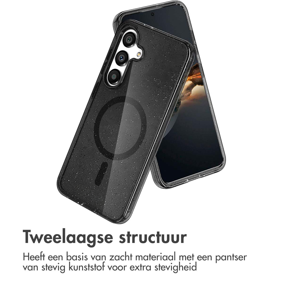 Coque de téléphone noire avec un téléphone noir à l'intérieur. Texte : 'Structure à deux couches'.