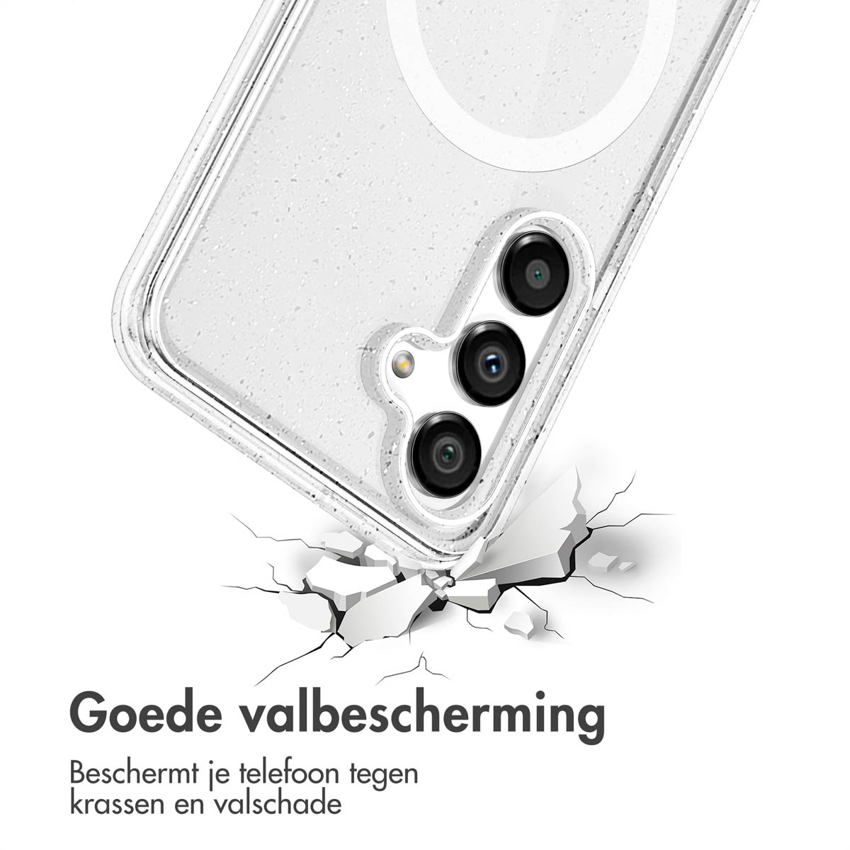 Coque de téléphone blanche tombant et fissurant le sol. Texte : 'Bonne protection contre les chutes'. C'est pour un téléphone.