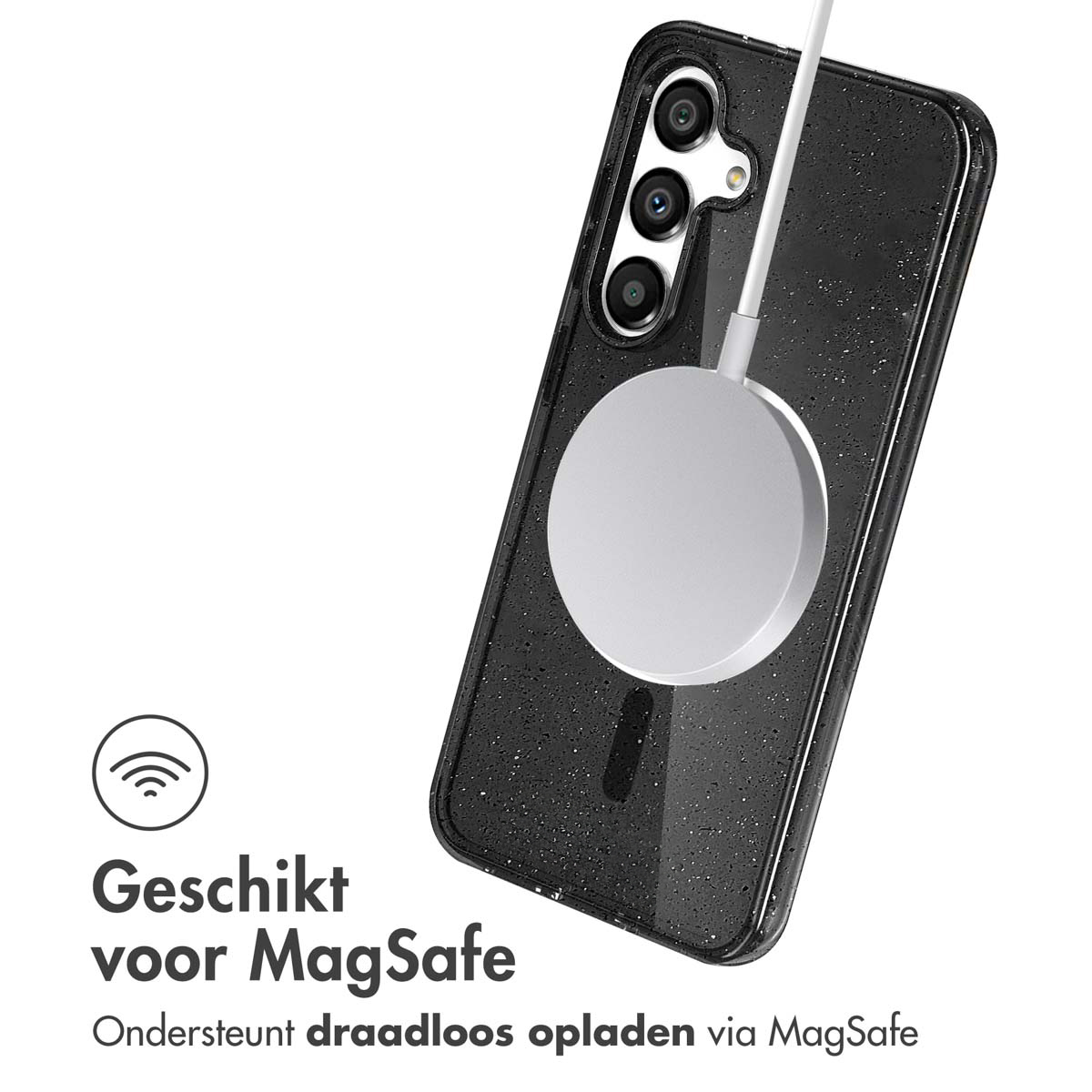 Coque de téléphone avec chargeur MagSafe. La coque est noire avec des paillettes.