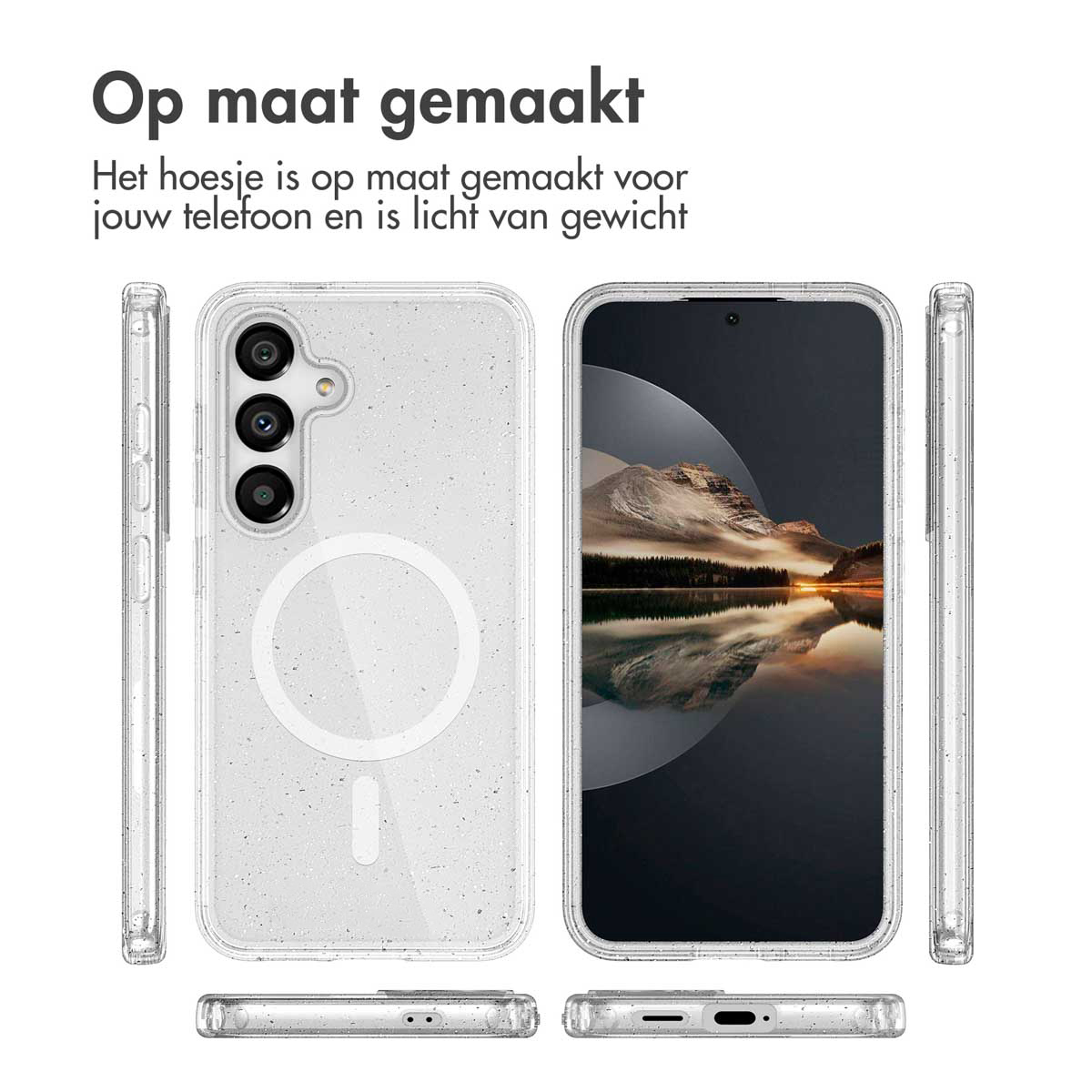 Coque de téléphone transparente avec un téléphone à l'intérieur, différents angles montrés. La coque est transparente.