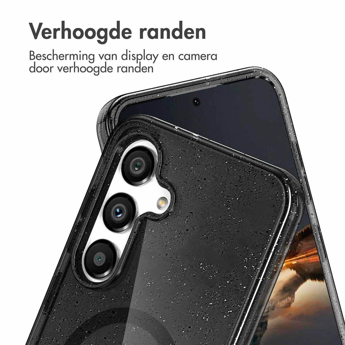 Coque de téléphone noire avec bords surélevés. Protège l'écran et la caméra.