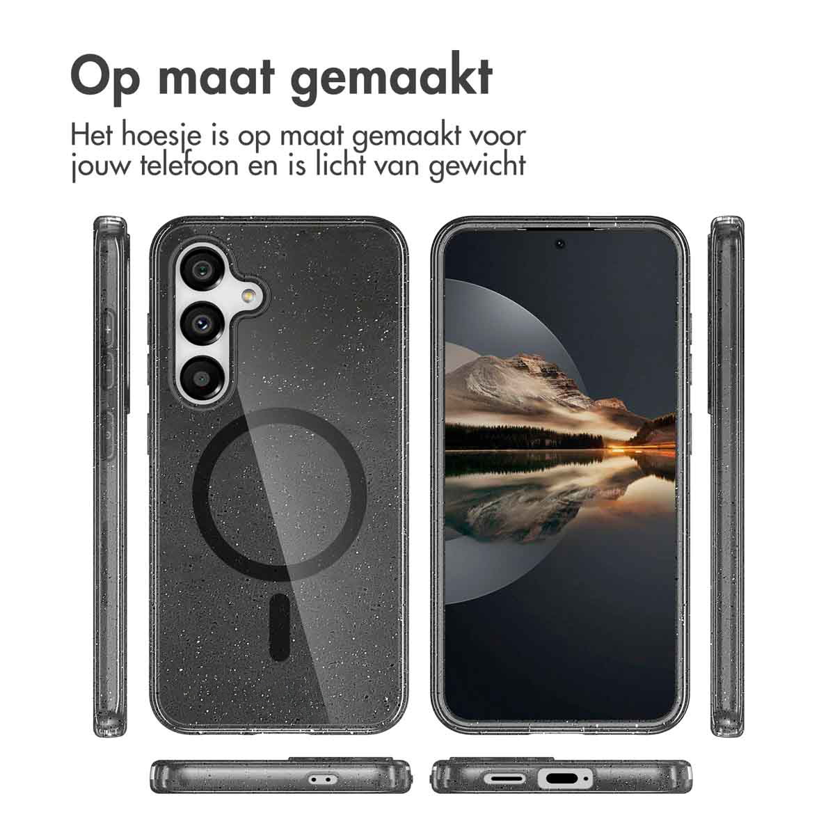 Coque avec téléphone à l'intérieur, montrant les vues avant, arrière et latérales.